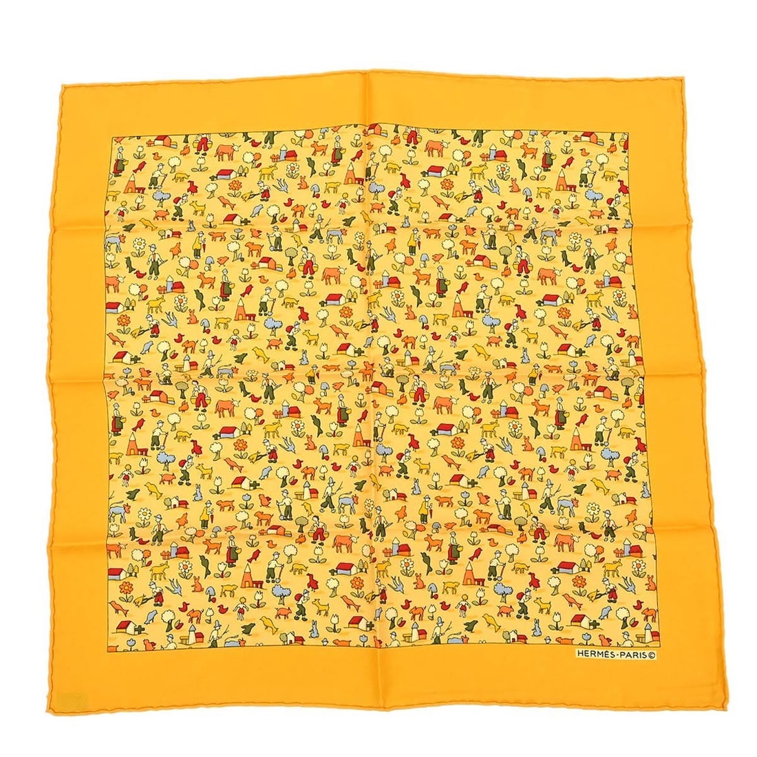 Hermes Petite Carre Silk Square Scarf Yellow Farm Life: Hermes Petite Carre Silk Square Scarf Yellow Farm Life Hermes Petite Carre "Farm Life" square scarf in yellow silk. This women's scarf is made in France and presents in very good condition with noted 