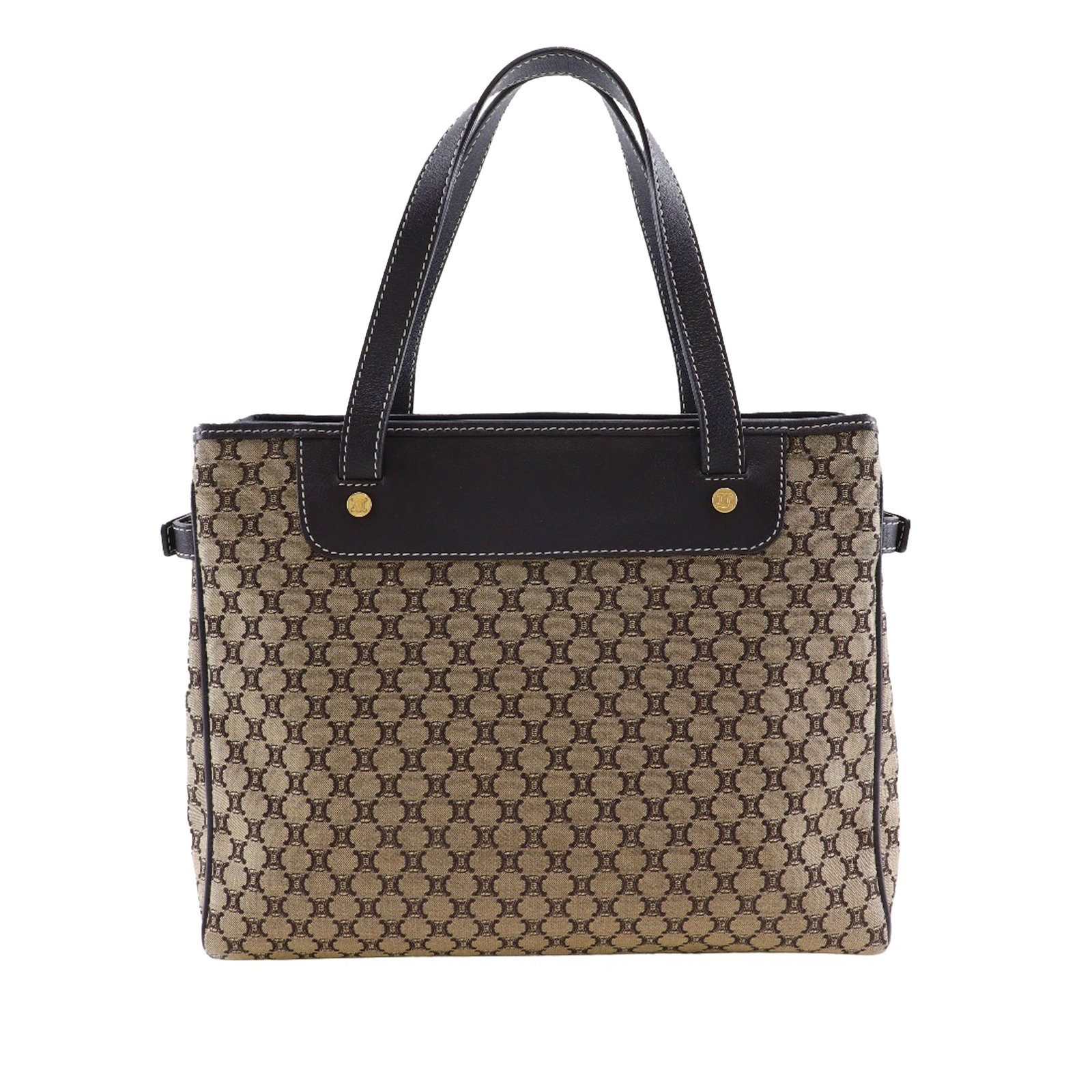 Celine Macadam Beige Canvas Tote Bag with Leather Trim: Celine Macadam Beige Canvas Tote Bag with Leather Trim This Celine Macadam tote bag features a coated canvas body with leather trim, flat leather straps, an open top design, an interior zip compartmen