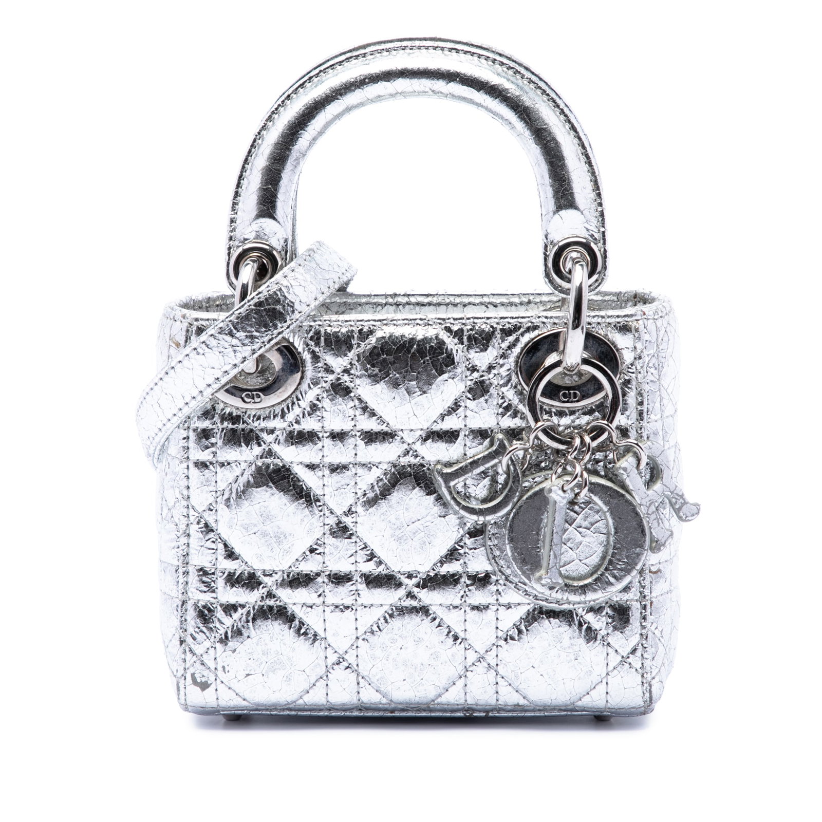 Dior Lady Dior Micro Bag in Silver Crinkled Calfskin: Dior Lady Dior Micro Bag in Silver Crinkled Calfskin This Lady Dior bag is crafted in metallic crinkled calfskin with the signature Cannage design. It features flat leather handles, a detachable leath
