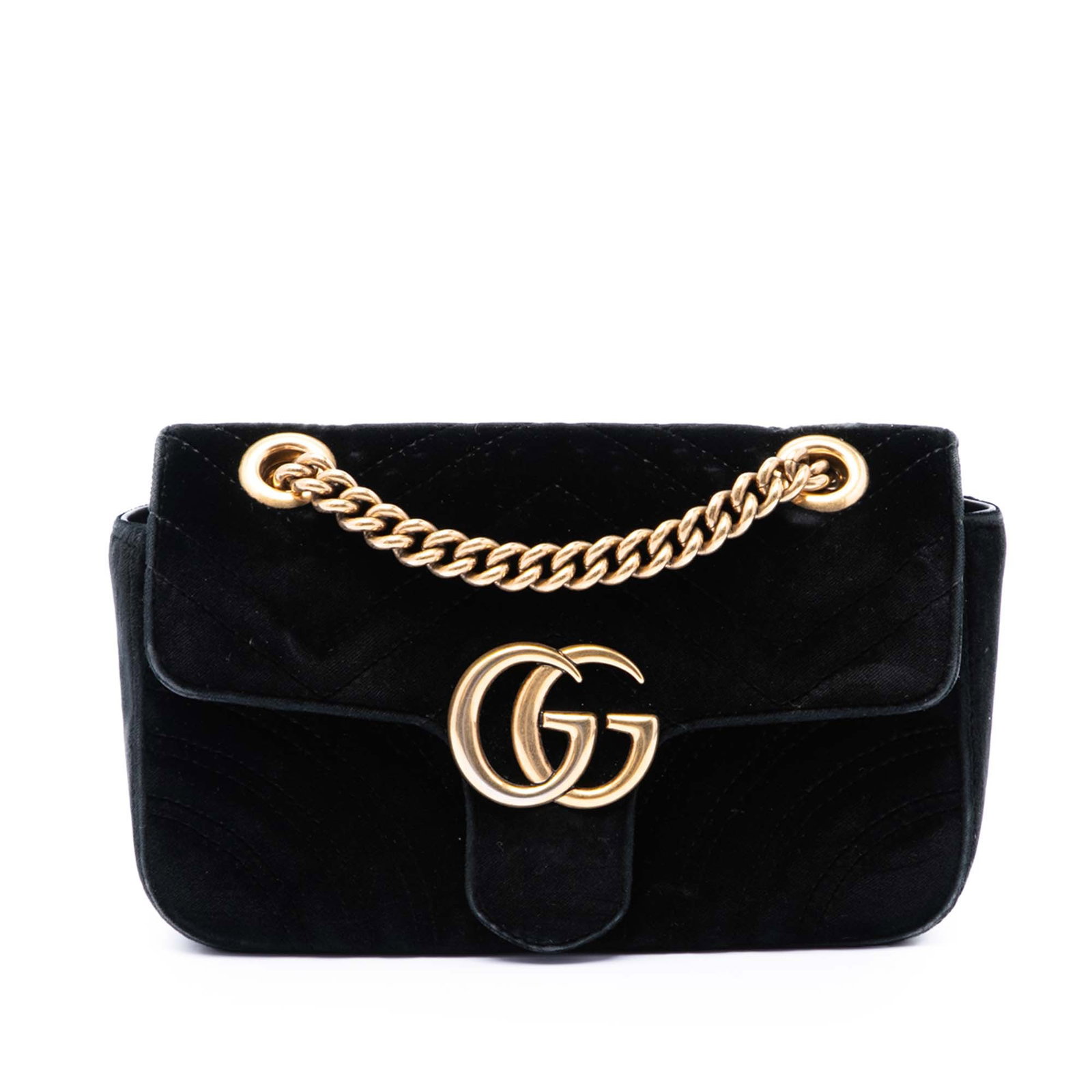 Gucci GG Marmont Small Velvet Shoulder Bag Black: Gucci GG Marmont Small Velvet Shoulder Bag Black Gucci Small GG Marmont Matelasse Velvet Shoulder Bag in black with a quilted velvet body, curb chain strap, front flap with magnetic snap closure, and 