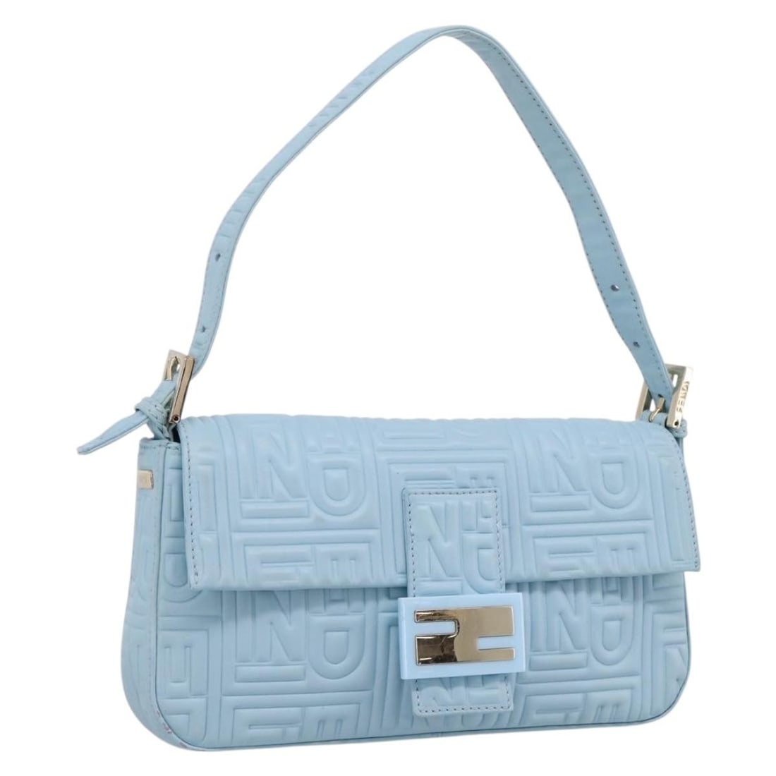 FENDI Mamma Baguette leather shoulder bag light blue silver: FENDI Mamma Baguette leather shoulder bag light blue silver Authentic FENDI Mamma Baguette shoulder bag in light blue and silver leather. This women's shoulder bag includes a dust bag and is made in I