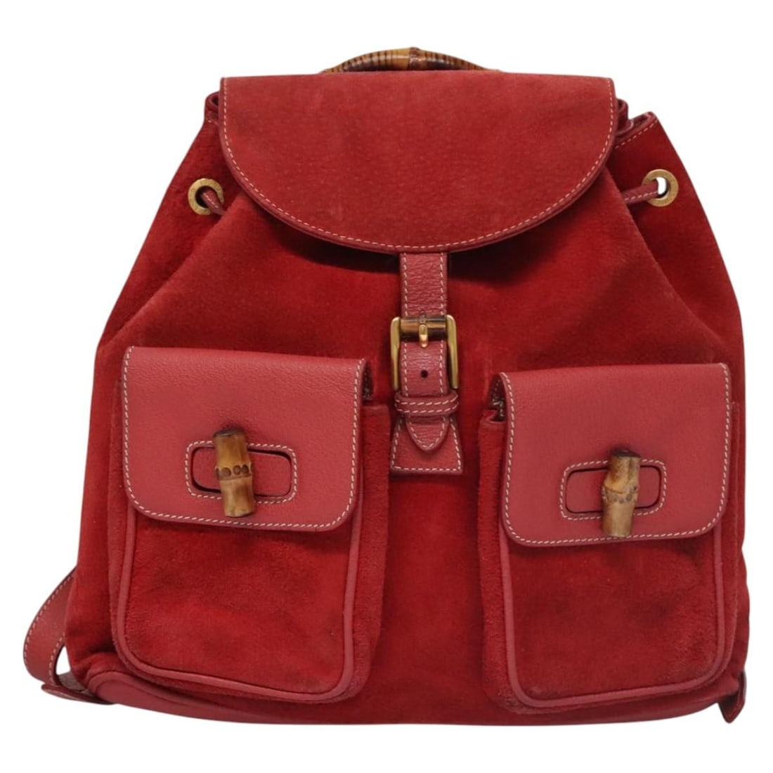 Gucci Vintage Bamboo Red Suede Leather Backpack: Gucci Vintage Bamboo Red Suede Leather Backpack This Gucci Vintage Bamboo Backpack is crafted from red suede with leather accents. Designed for women, it features the iconic bamboo handle and classic 