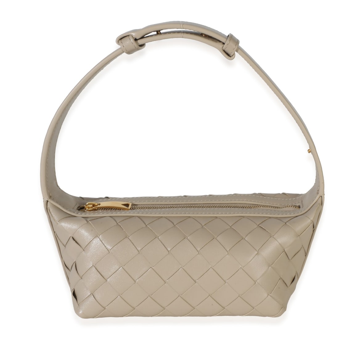 Bottega Veneta Mini Wallace Top Handle Beige Nappa Leather Bag: Bottega Veneta Mini Wallace Top Handle Beige Nappa Leather Bag Pre-owned Bottega Veneta Mini Wallace top handle bag in beige nappa leather with the brand's Intrecciato woven design. This unisex bag fe