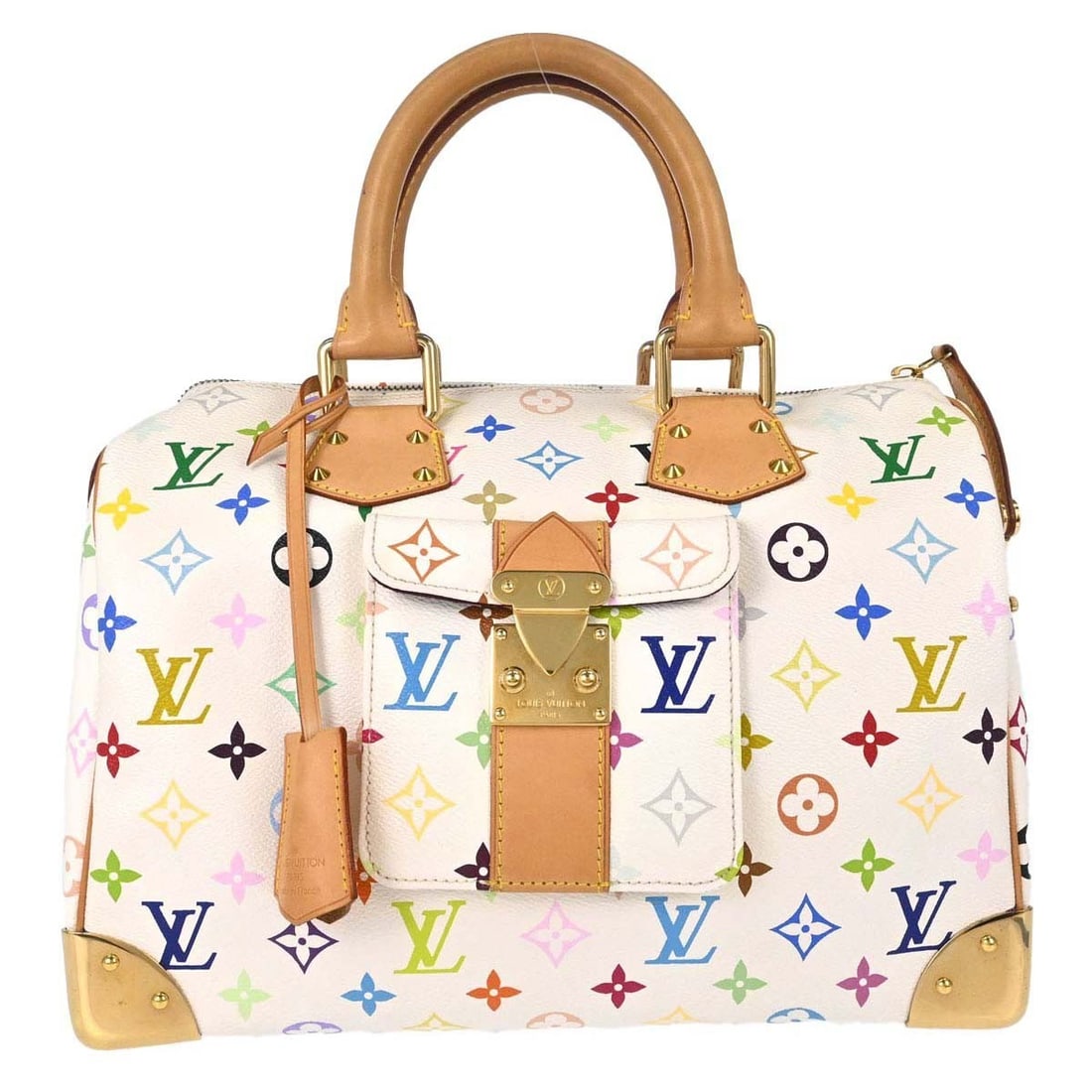 Louis Vuitton Speedy 30 Monogram Multicolor Handbag M92643 White: Louis Vuitton Speedy 30 Monogram Multicolor Handbag M92643 White Louis Vuitton Speedy 30 handbag in white Monogram Multicolor canvas with leather trim and double handles. This medium handbag features 