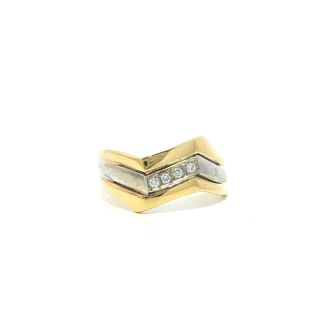 Unbranded 14k Yellow and White Gold Diamond Chevron Band Ring Size 7: Unbranded 14k Yellow and White Gold Diamond Chevron Band Ring Size 7 Pre-owned women's band ring in a chevron-style zigzag design with three rows of pave-set natural diamonds. Crafted in solid 14k yel