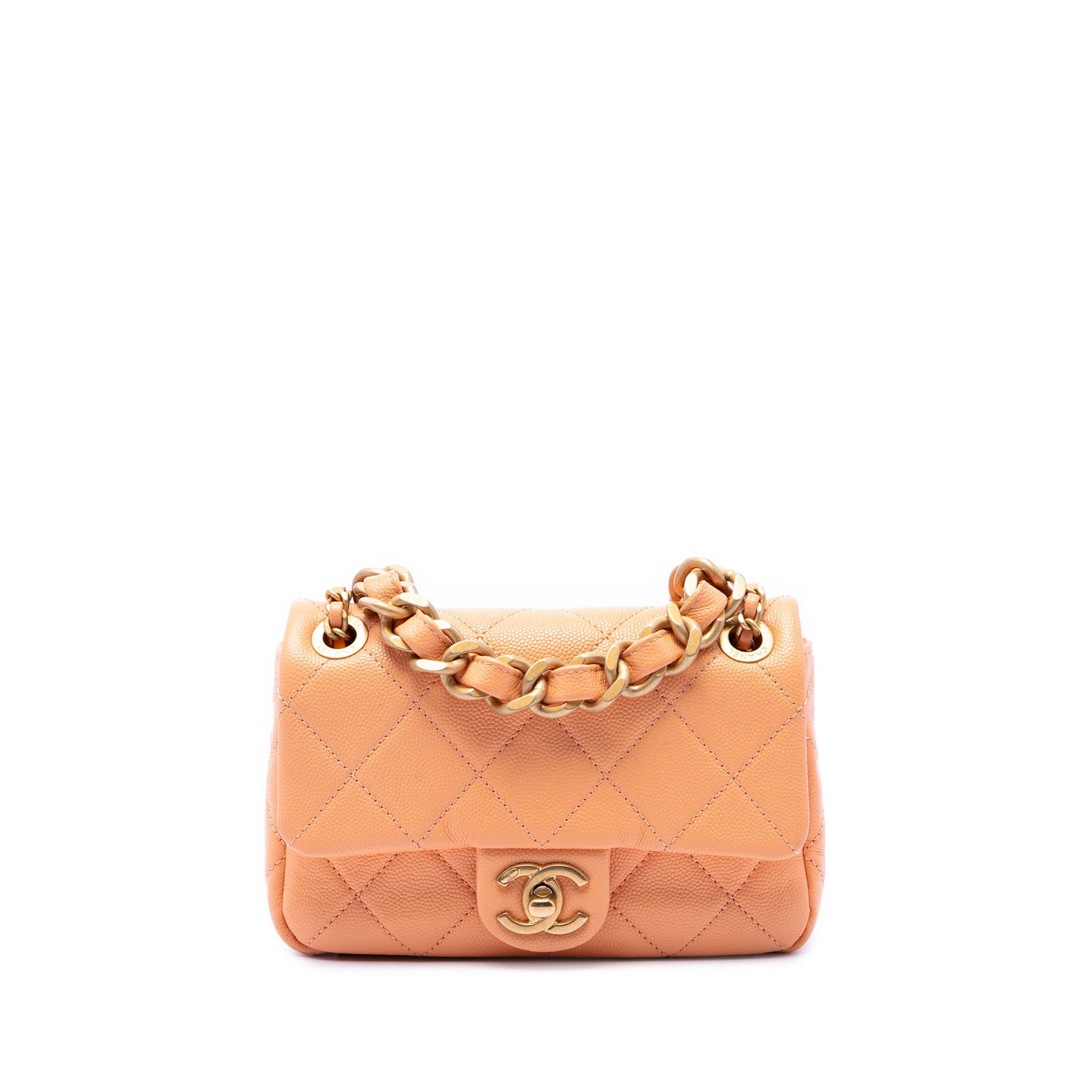Chanel Mini CC Single Flap Shoulder Bag in Orange Caviar Leather: Chanel Mini CC Single Flap Shoulder Bag in Orange Caviar Leather Chanel Mini CC Quilted Caviar Single Flap bag in orange caviar leather. This flap bag features a quilted leather body, a leather-woven 