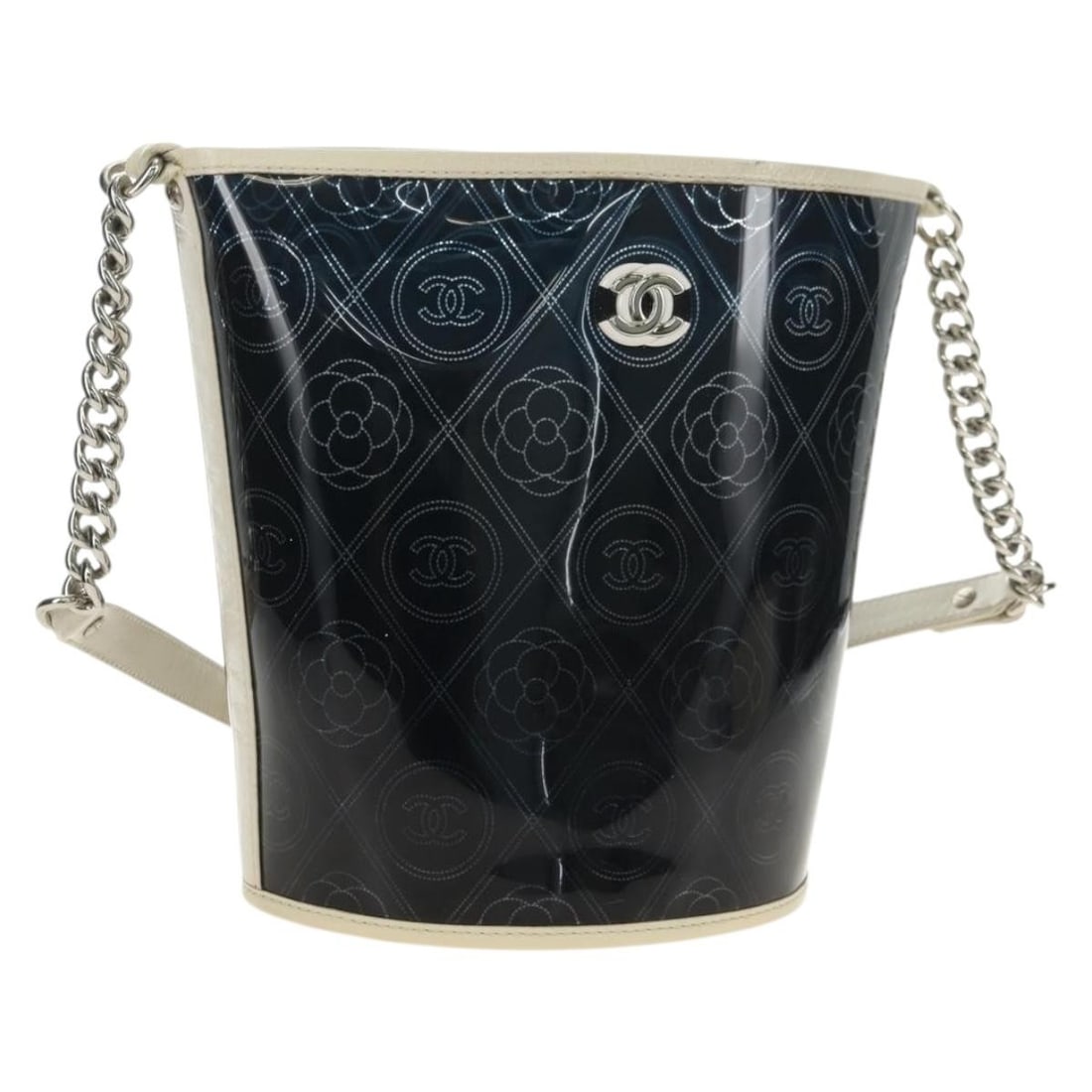 CHANEL Camelia Vinyl Shoulder Bag Blue Silver Chain Strap: CHANEL Camelia Vinyl Shoulder Bag Blue Silver Chain Strap Chanel Camelia chain shoulder bag in blue and silver vinyl. This women's shoulder bag was made in France and includes only the item shown; the
