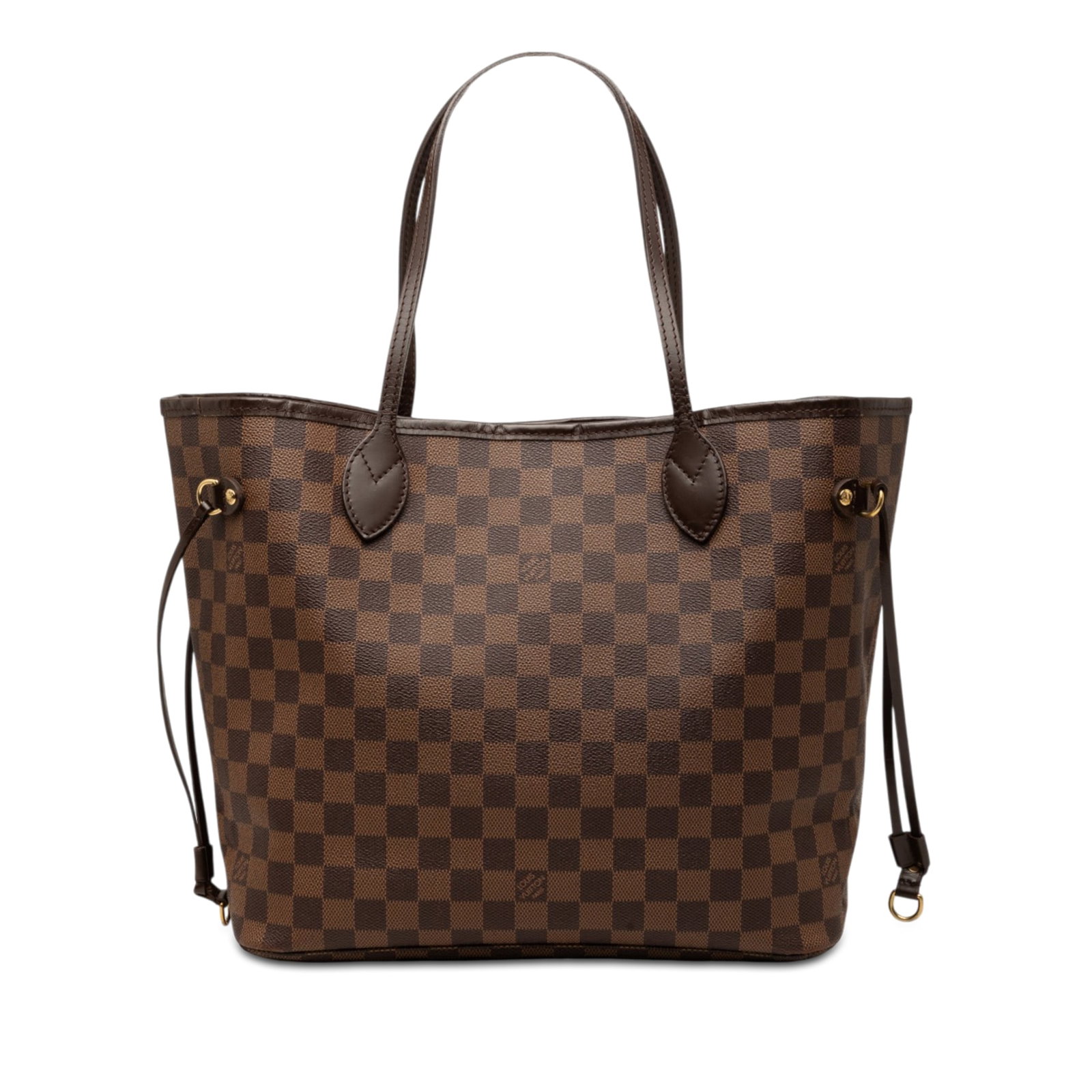 Louis Vuitton Neverfull MM Damier Ebene tote bag: Louis Vuitton Neverfull MM Damier Ebene tote bag The Louis Vuitton Neverfull MM is a brown Damier Ebene bag made with a damier ebene canvas body, leather trim, and flat leather shoulder straps. It fea