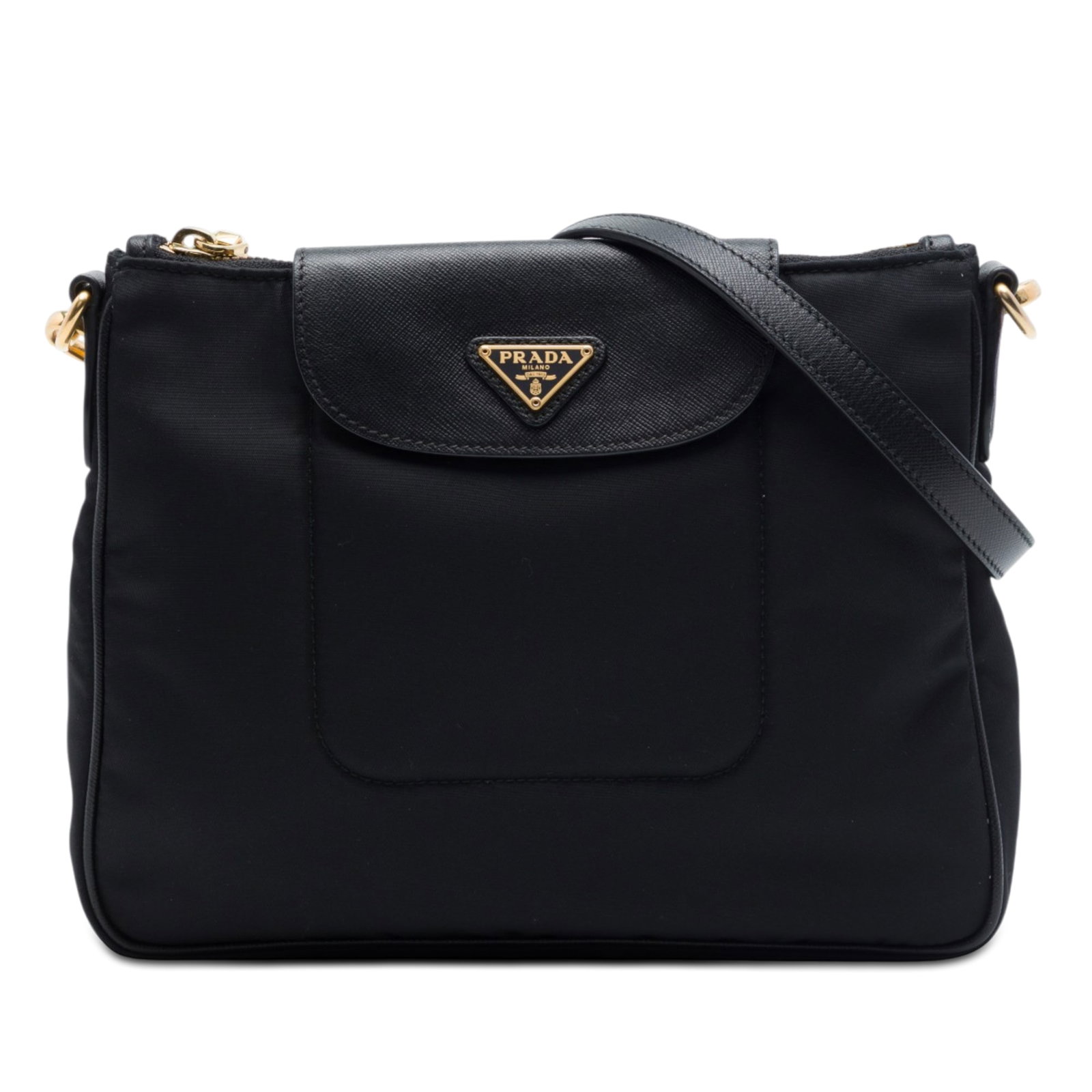 Prada Tessuto Crossbody Bag with Saffiano Leather Trim Black: Prada Tessuto Crossbody Bag with Saffiano Leather Trim Black Prada Saffiano Trimmed Tessuto Crossbody bag in black with a nylon body and saffiano leather trim. The design features a detachable flat le