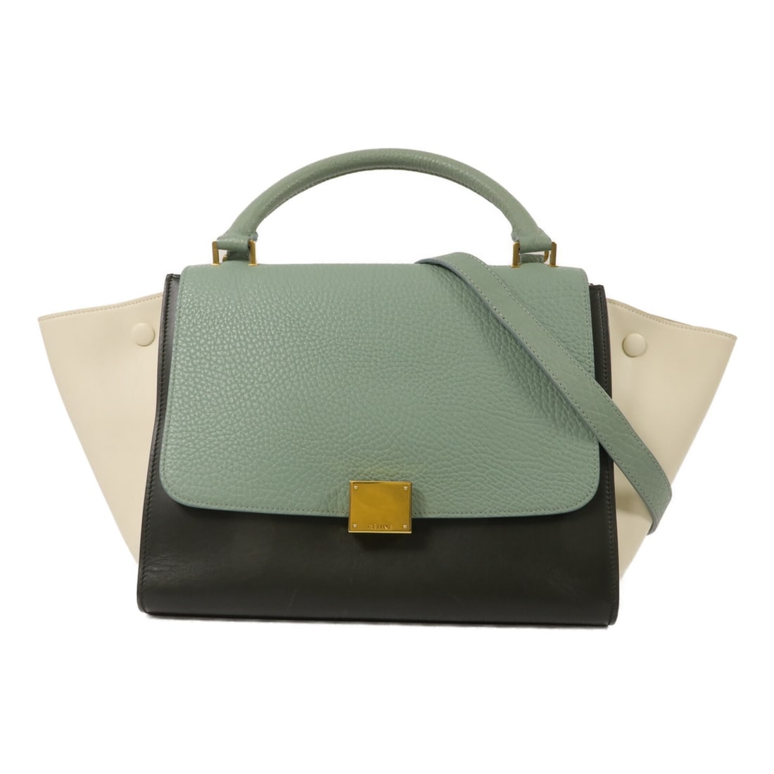 CELINE Trapeze Small 2Way Shoulder Bag Green Calfskin GHW: CELINE Trapeze Small 2Way Shoulder Bag Green Calfskin GHW Celine Trapeze Small 2-way shoulder bag in green calfskin leather. This women's bag features a structured design with top handles and a remova