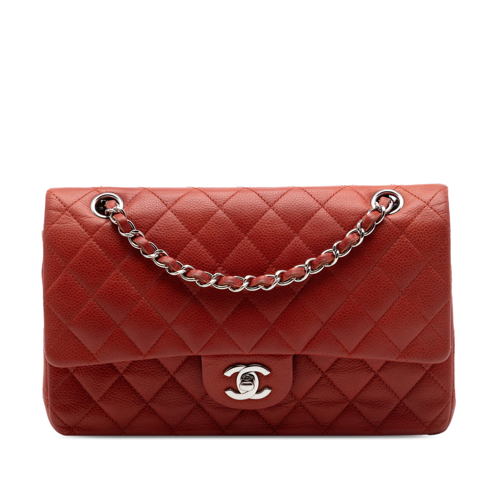 Chanel Medium Classic Double Flap Red Caviar Leather Shoulder Bag: Chanel Medium Classic Double Flap Red Caviar Leather Shoulder Bag Chanel Medium Classic Caviar Double Flap shoulder bag in red quilted caviar leather. It features leather-woven chain link straps, doub