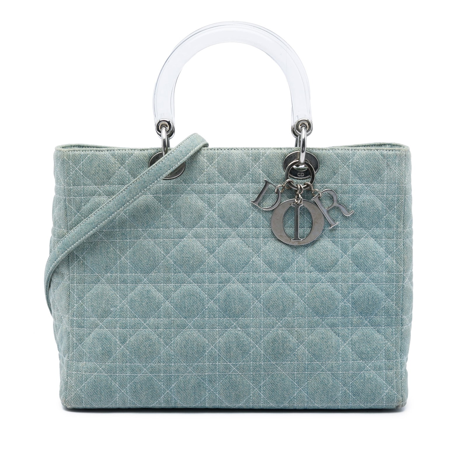 Dior Lady Dior Large Cannage Denim Satchel with Acrylic Handles: Dior Lady Dior Large Cannage Denim Satchel with Acrylic Handles Large Lady Dior satchel crafted in quilted denim with acrylic top handles and a detachable denim strap. The bag features a top zip closu