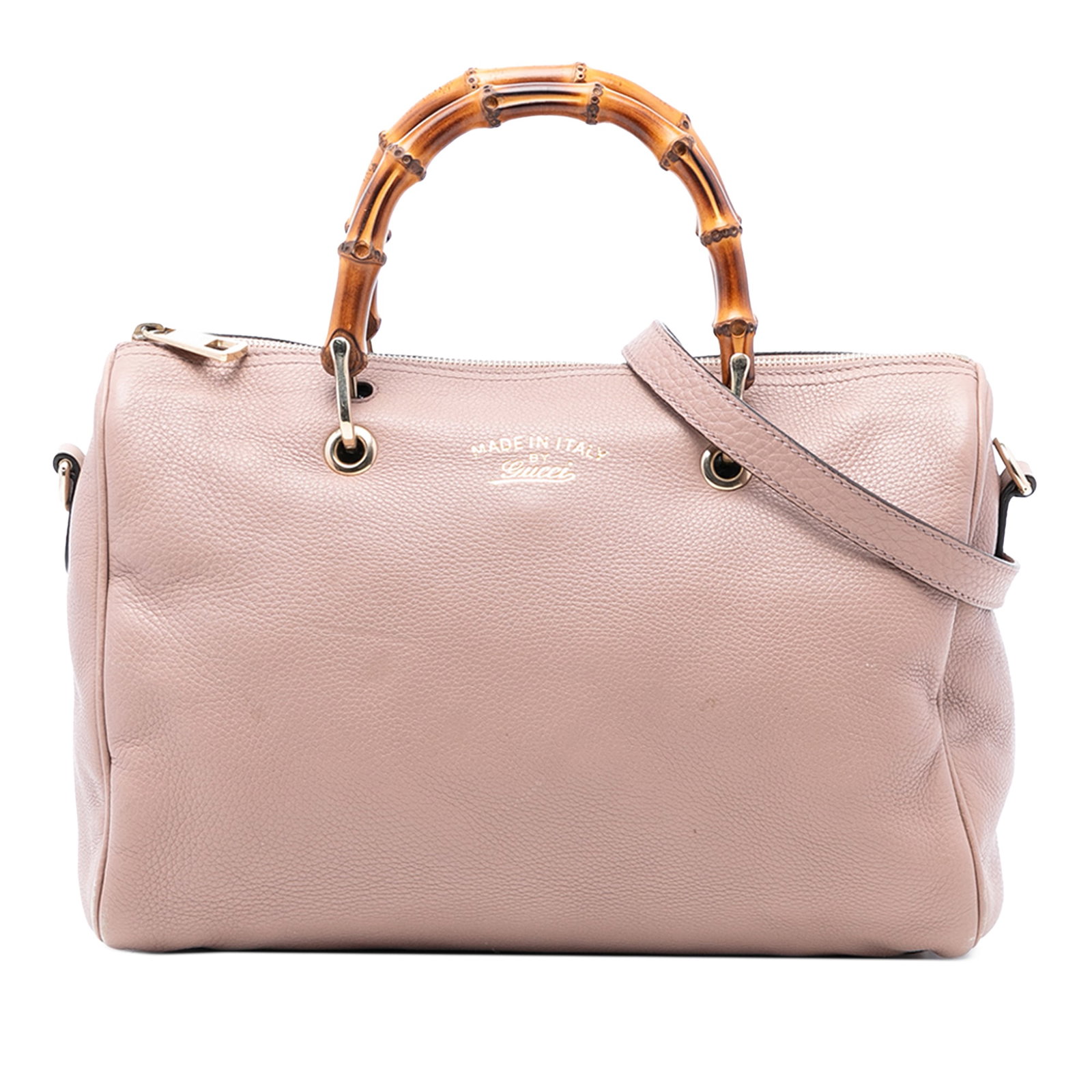 Gucci Bamboo Shopper Pink Leather Boston Satchel with Top Handles and Strap: Gucci Bamboo Shopper Pink Leather Boston Satchel with Top Handles and Strap This Gucci Medium Calfskin Bamboo Shopper Boston Bag is crafted from pink leather and features distinctive bamboo top handle