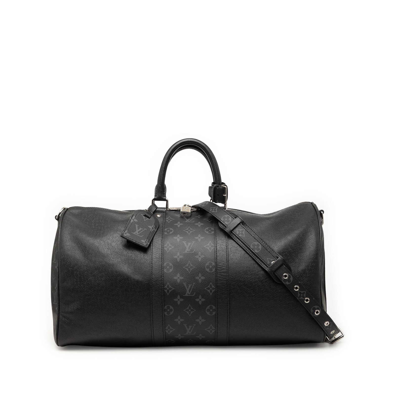Louis Vuitton Taiga Keepall 50 Bandouliere Leather Duffle Bag: Louis Vuitton Taiga Keepall 50 Bandouliere Leather Duffle Bag Louis Vuitton Taiga Keepall Bandouliere 50 in black taiga leather with rolled leather handles, a detachable strap, and a top zip closure. 