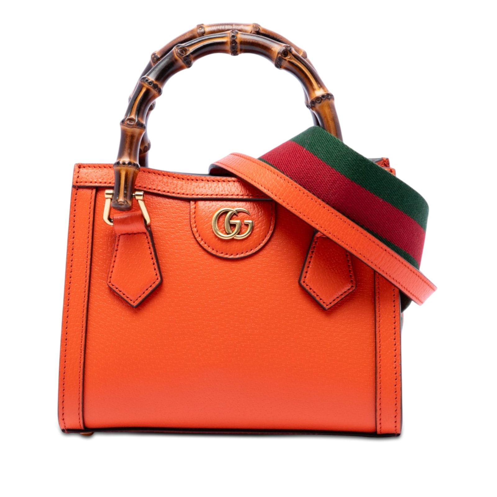 Gucci Diana Small Bamboo Handle Calfskin Leather Satchel: Gucci Diana Small Bamboo Handle Calfskin Leather Satchel Gucci Small Calfskin Bamboo Diana Satchel in orange leather with bamboo handles and a detachable flat strap. The bag features an open top with 