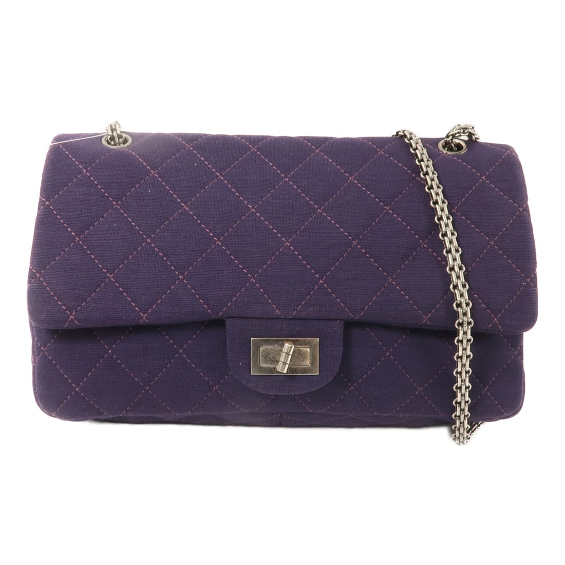 CHANEL 2.55 Maxi Shoulder Bag Purple Cotton Chain Strap: CHANEL 2.55 Maxi Shoulder Bag Purple Cotton Chain Strap CHANEL CC 2.55 Maxi Chain Shoulder Bag in purple cotton, designed for women. It features a turn lock closure, a chain shoulder strap, and multip