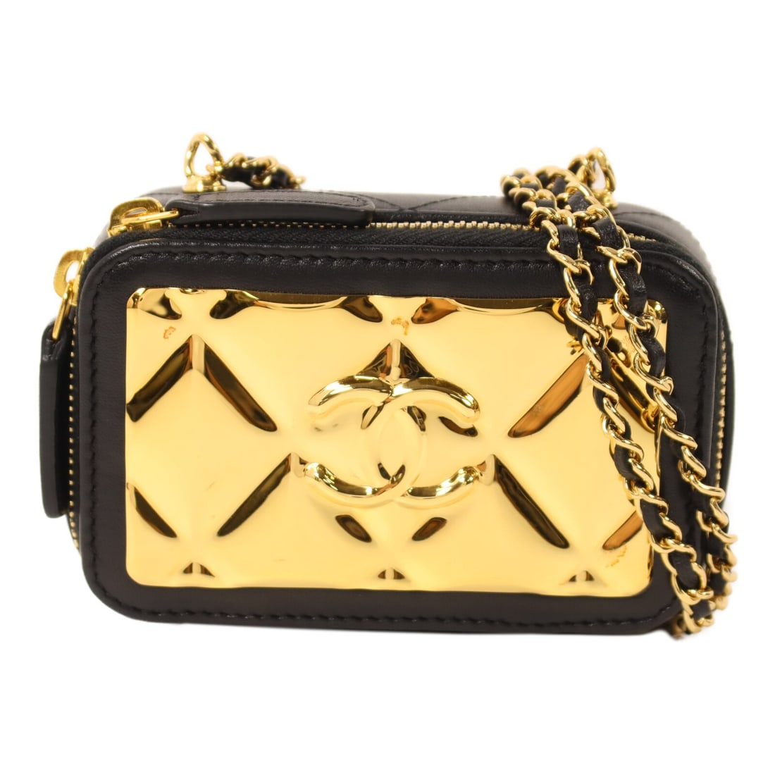 CHANEL AP2393 CC Mini Vanity Chain Shoulder Bag Lambskin Black Gold: CHANEL AP2393 CC Mini Vanity Chain Shoulder Bag Lambskin Black Gold Mini vanity case chain shoulder bag in black lambskin with CC GHW styling. This women's shoulder bag features an interior with three