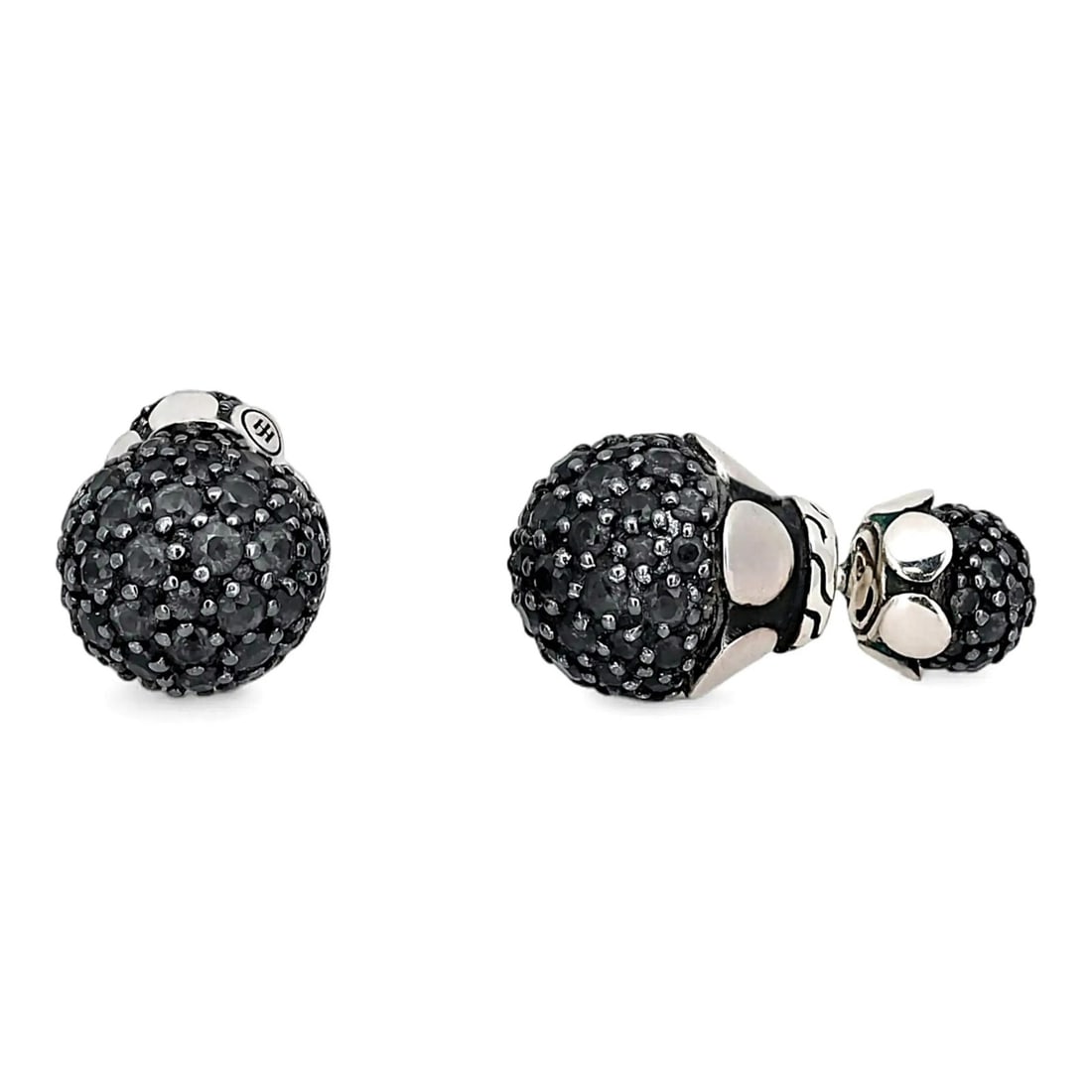 Sterling Silver Stud Earrings with Black Sapphires by John Hardy: Sterling Silver Stud Earrings with Black Sapphires by John Hardy These John Hardy stud earrings feature round cut black sapphires set in a pave style, crafted in 925 sterling silver. The earrings are 