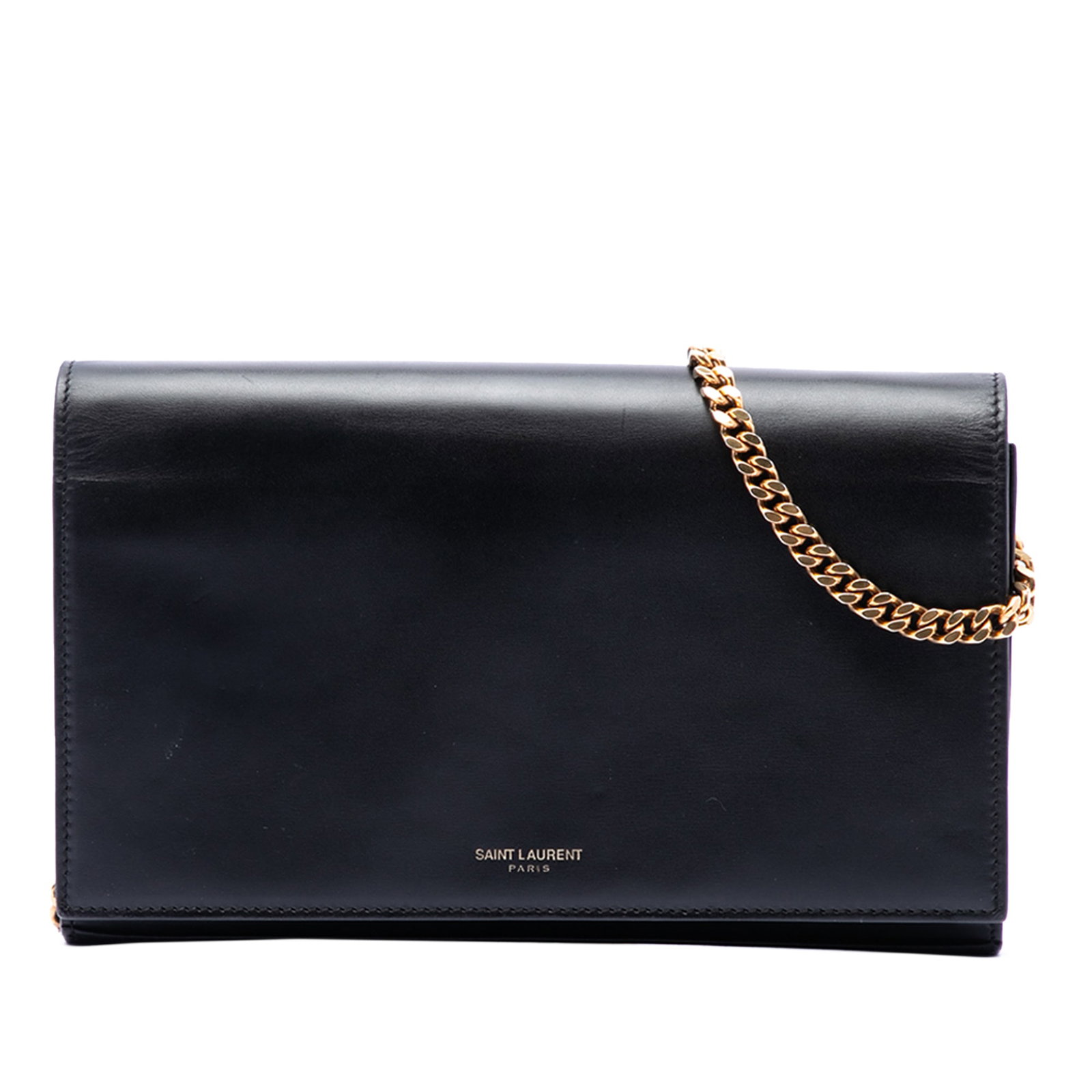 Saint Laurent Paris Mini Wallet on Chain Smooth Calfskin Black: Saint Laurent Paris Mini Wallet on Chain Smooth Calfskin Black A Saint Laurent Mini Smooth Calfskin Paris Wallet on Chain in black leather, made in Italy. It features a chain link strap, a front flap 