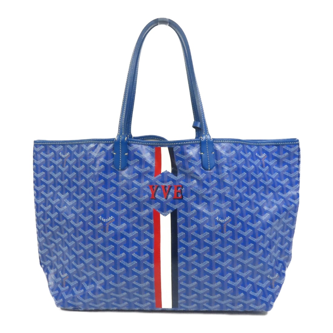 GOYARD Saint Louis PM Blue Coated Canvas Tote with Stripes Initials: GOYARD Saint Louis PM Blue Coated Canvas Tote with Stripes Initials A Goyard Saint Louis PM tote bag in blue PVC coated canvas with stripes and initials. It is a women's regular-size tote made in Fran