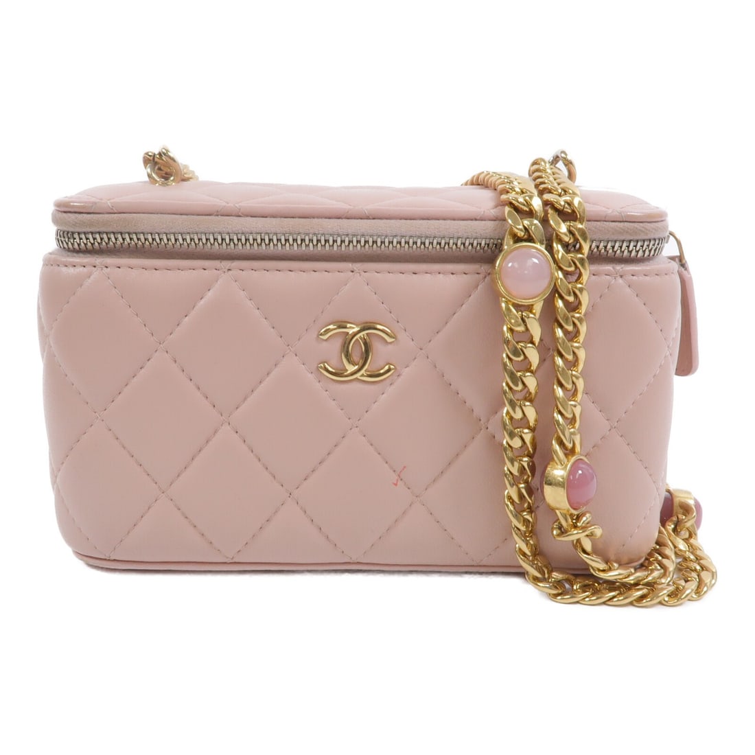 CHANEL Vanity Case Shoulder Bag Pink Lambskin CC GHW: CHANEL Vanity Case Shoulder Bag Pink Lambskin CC GHW Compact Chanel vanity case shoulder bag in pink lambskin leather with CC GHW styling. The bag features an interior with three card slots, one addit
