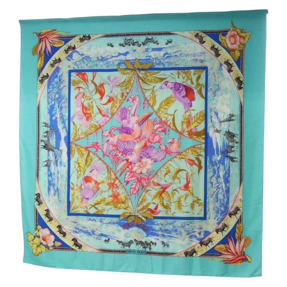 Hermes Tropiques Carre 140 Cashmere Scarf Blue France: Hermes Tropiques Carre 140 Cashmere Scarf Blue France Authentic Hermes Carre 140 "TROPIQUES" scarf in blue cashmere. This women's scarf is made in France and shows very good pre-owned condition with s