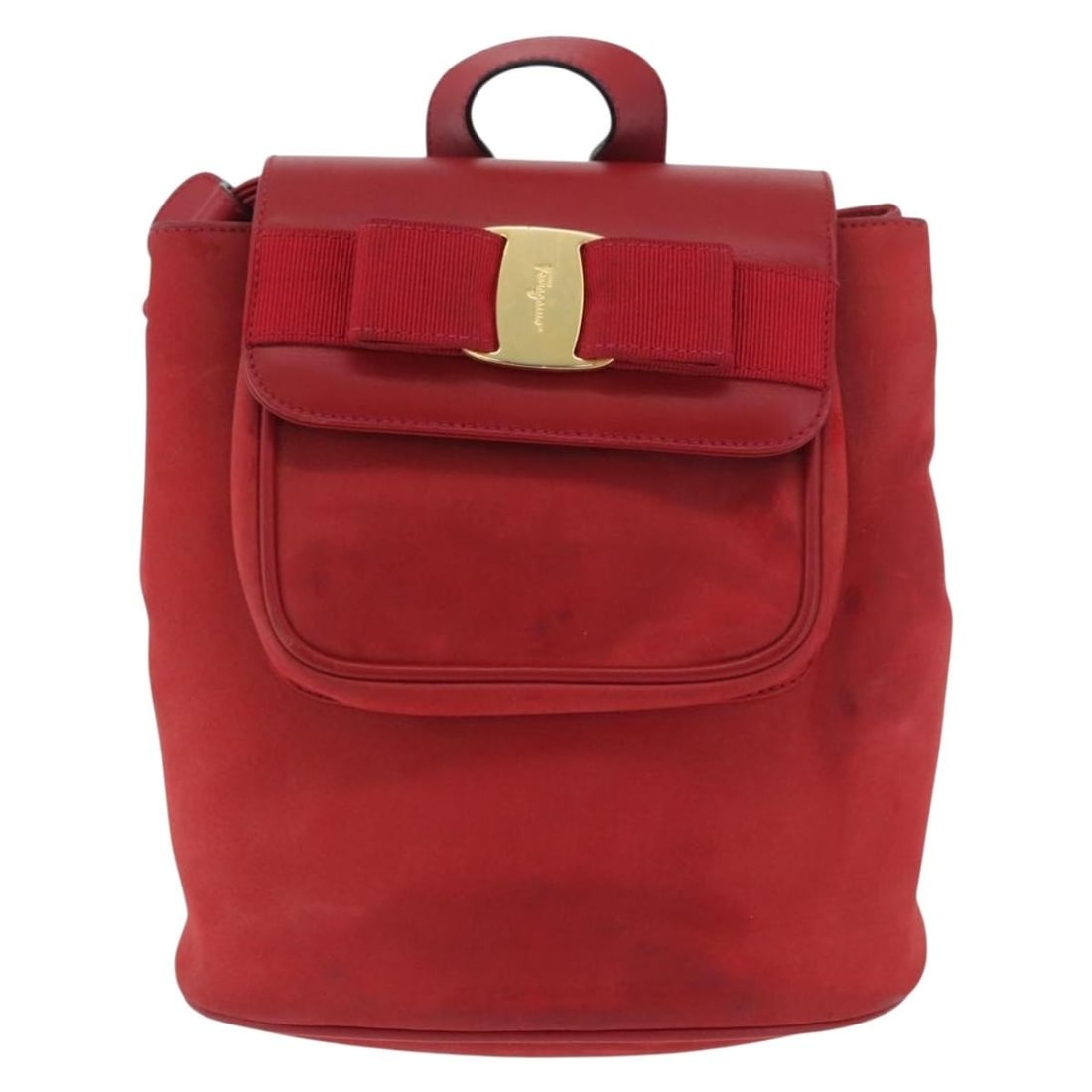 Salvatore Ferragamo Vara Flap Drawstring red suede shoulder bag: Salvatore Ferragamo Vara Flap Drawstring red suede shoulder bag Salvatore Ferragamo Vara Flap Drawstring bag in red suede. This women's bag shows fair overall condition with visible wear throughout, i
