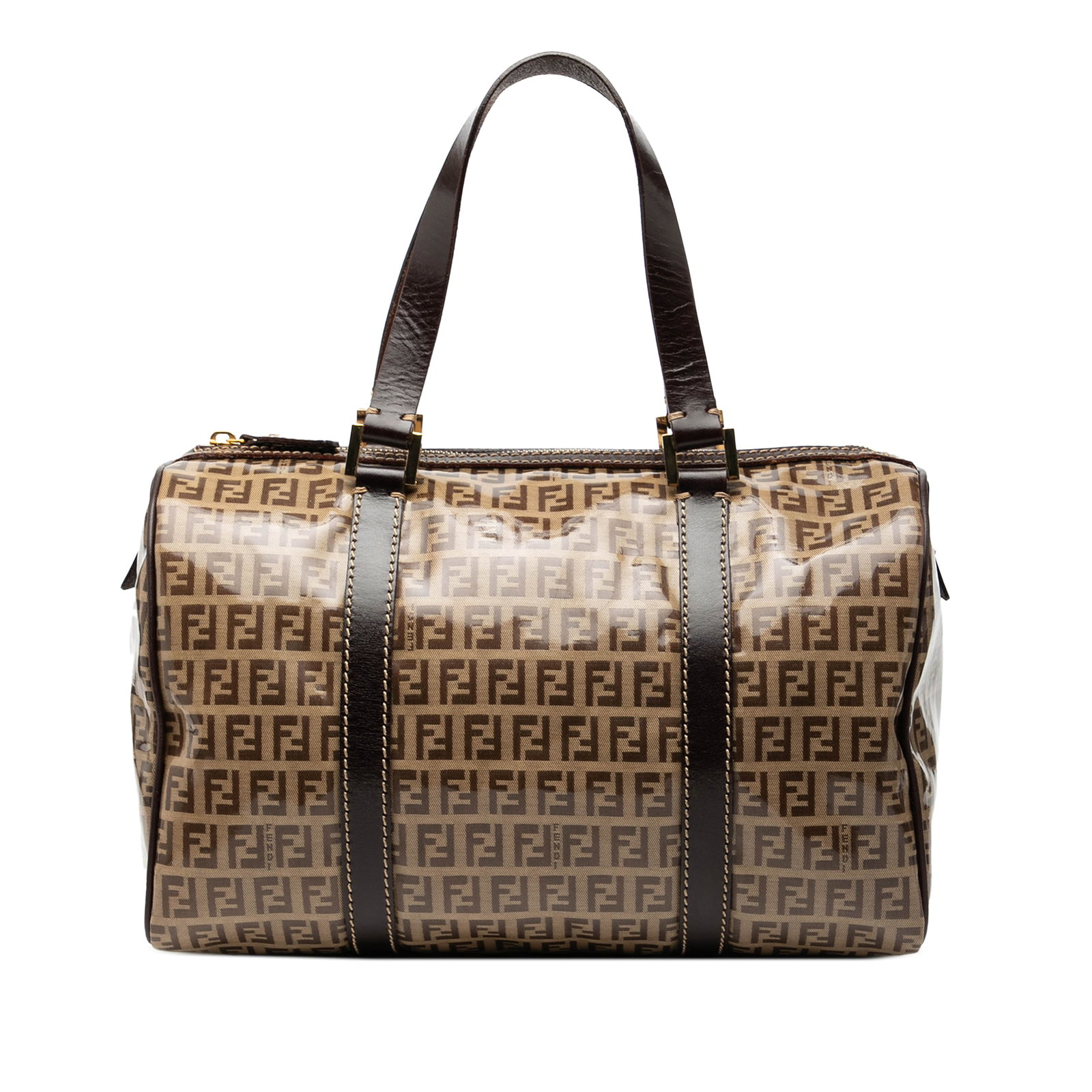 Fendi Zucchino Boston Handbag in Brown Fabric: Fendi Zucchino Boston Handbag in Brown Fabric Fendi Zucchino Crystal Boston Bag in brown fabric, made in Italy. The bag measures 20.00 cm in length, 31.50 cm in width, and 15.00 cm in depth. It is lis