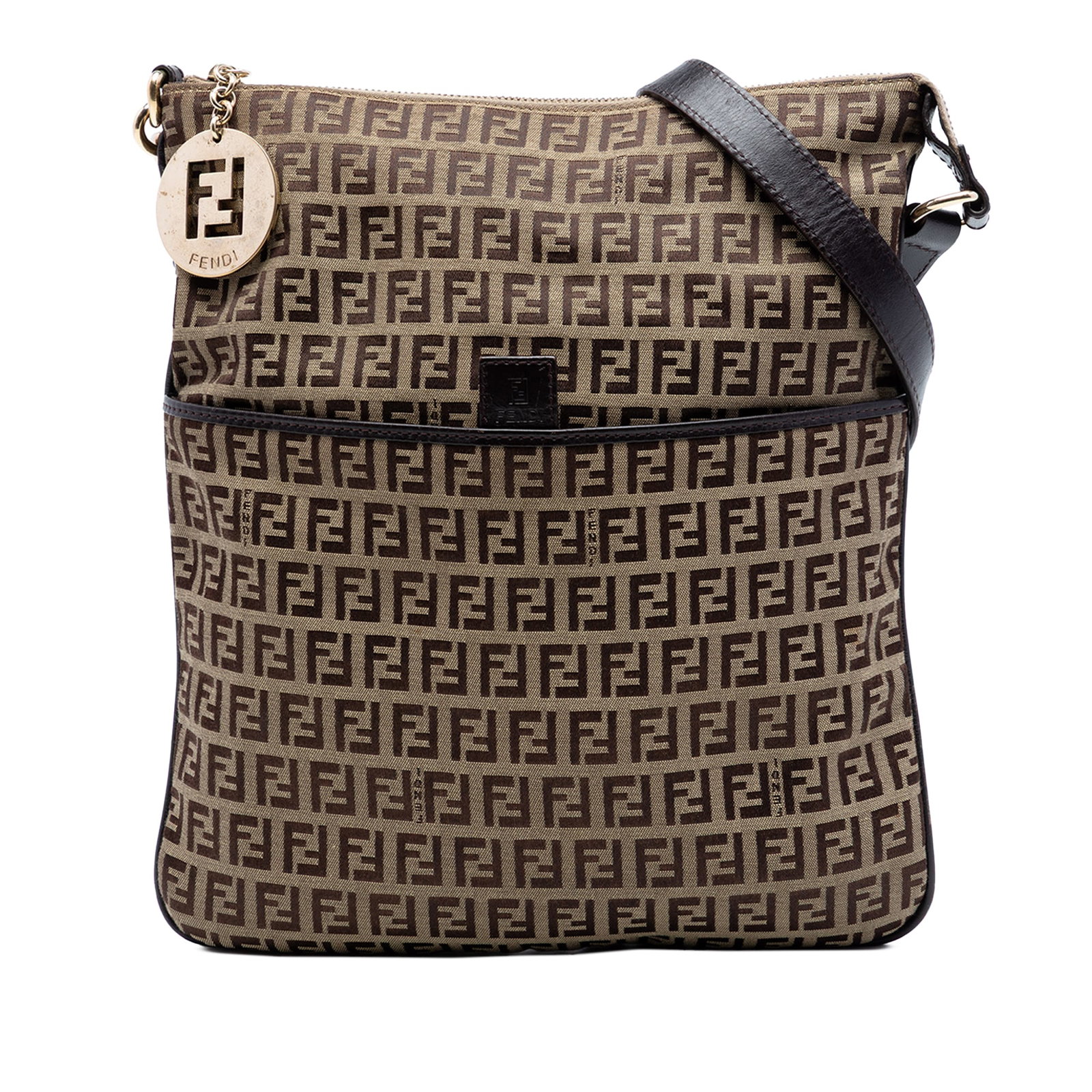 Fendi Zucchino crossbody bag in beige canvas: Fendi Zucchino crossbody bag in beige canvas Fendi Zucchino canvas crossbody bag in beige with an adjustable flat leather strap, top zip closure, one exterior slip pocket, and one interior slip pocket