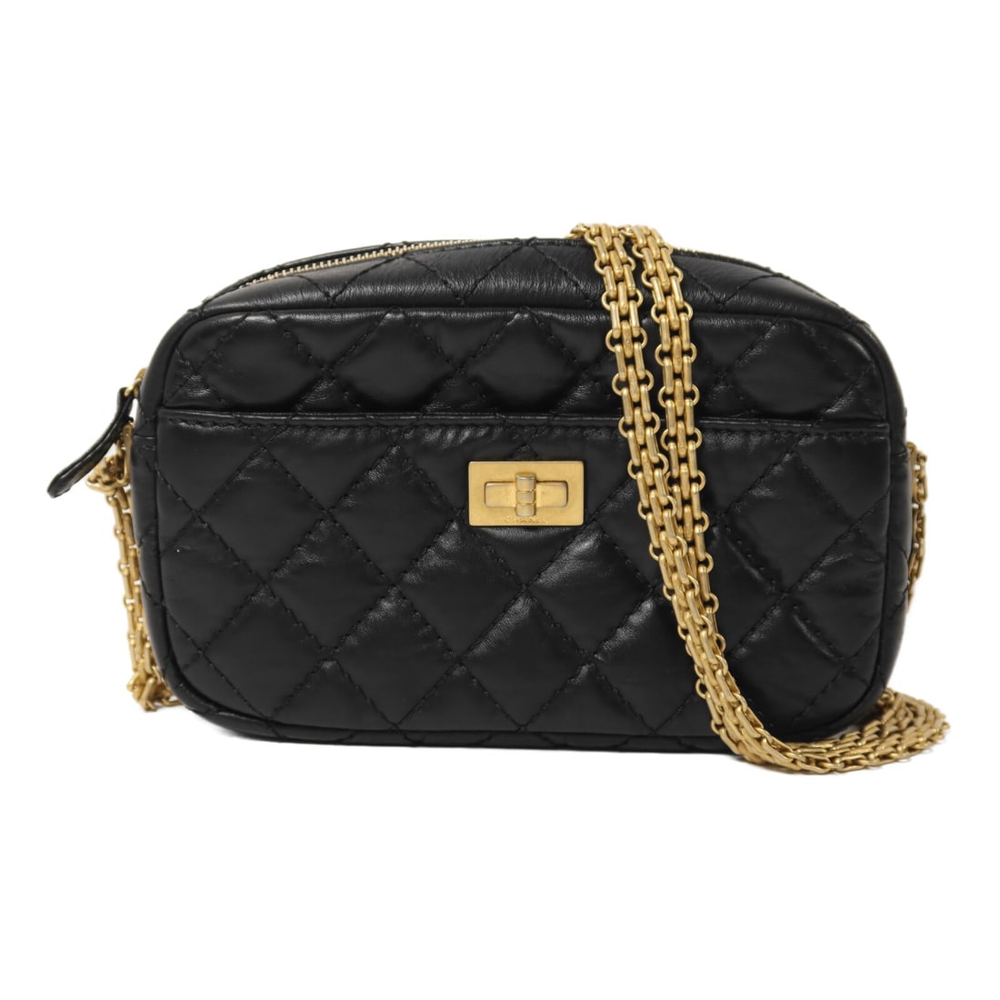 CHANEL Reissue 2.55 Small Camera Shoulder Bag Black Calfskin: CHANEL Reissue 2.55 Small Camera Shoulder Bag Black Calfskin CHANEL CC GHW Small Reissue 2.55 Camera Bag chain shoulder bag in black calfskin (cowhide). The bag is described as a women's regular-size 