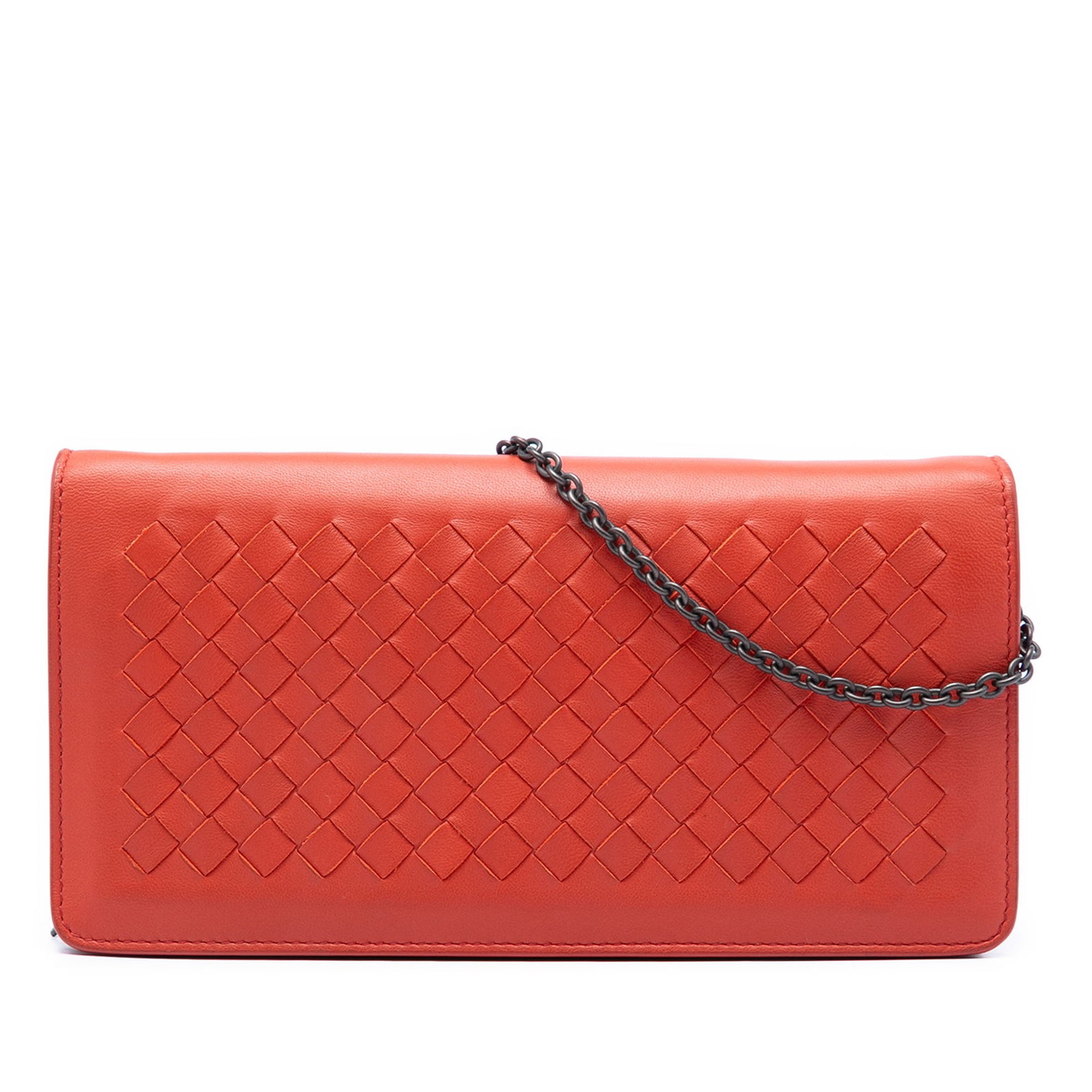 Bottega Veneta Intrecciato Nappa Leather Wallet on Chain Crossbody: Bottega Veneta Intrecciato Nappa Leather Wallet on Chain Crossbody Bottega Veneta Nappa Intrecciato Continental Wallet on Chain in orange leather. This crossbody design features a detachable chain lin