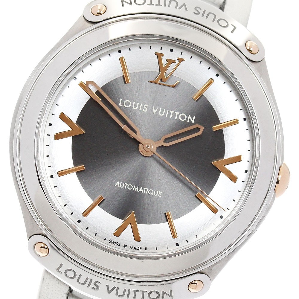 Louis Vuitton Fifty-Five Q6G24 automatic stainless steel wristwatch: Louis Vuitton Fifty-Five Q6G24 automatic stainless steel wristwatch Pre-owned Louis Vuitton Fifty-Five automatic wristwatch with a stainless steel case, silver/gray dial, and leather strap. This unise