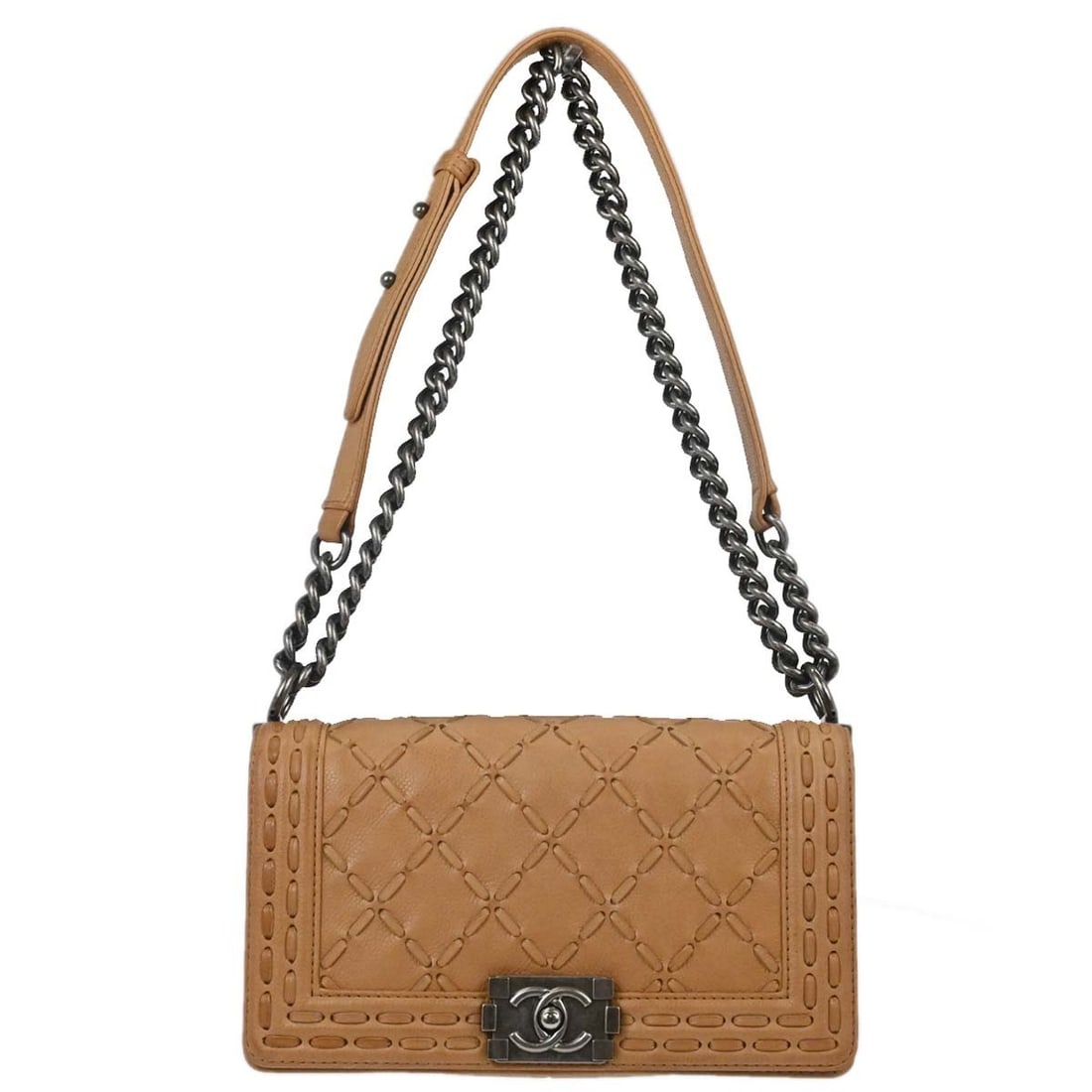 CHANEL Boy Medium Shoulder Bag Beige Caviar Leather Chain Strap: CHANEL Boy Medium Shoulder Bag Beige Caviar Leather Chain Strap Chanel Boy Medium shoulder bag in beige caviar skin leather with a push-lock closure, quilted lock accents, fabric lining, and silver-co