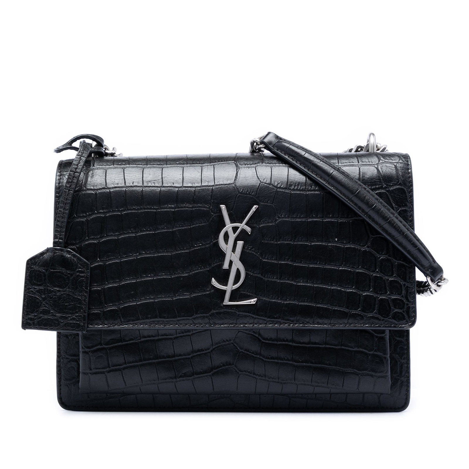 Saint Laurent Sunset Medium Black Croc Embossed Leather Crossbody Bag: Saint Laurent Sunset Medium Black Croc Embossed Leather Crossbody Bag Saint Laurent Medium Croc Embossed Leather Monogram Sunset Crossbody in black leather, made in Italy. This bag features an embosse