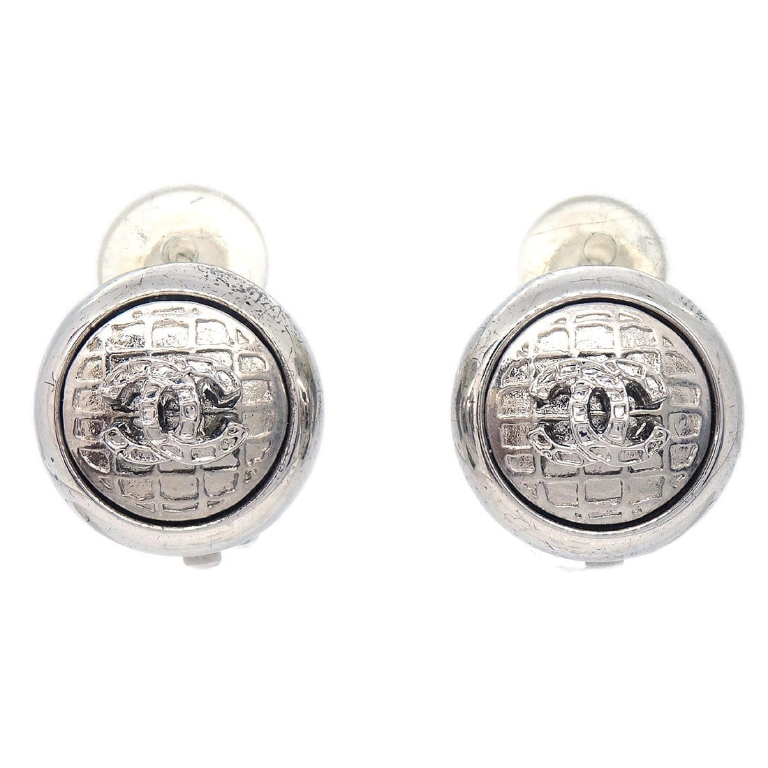 Round Clip-On Earrings Chanel Button Style Silver Plated 00A (1 of 4)