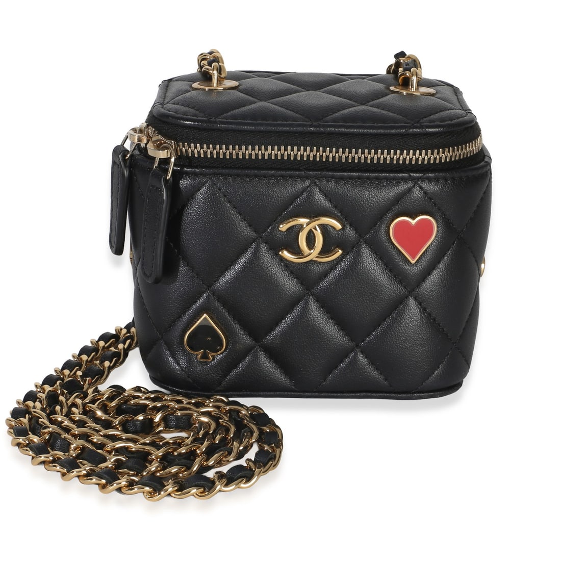 Chanel Mini Coco Casino Vanity Case Chain Bag Black Lambskin: Chanel Mini Coco Casino Vanity Case Chain Bag Black Lambskin Chanel Mini Coco Casino Vanity Case With Chain in black quilted lambskin. This pre-owned unisex shoulder bag features a zip-around closure,