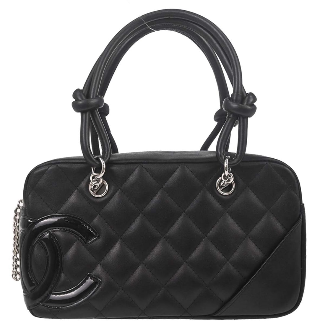 CHANEL Cambon Ligne mini top handle bag in black calfskin: CHANEL Cambon Ligne mini top handle bag in black calfskin Chanel Cambon Ligne mini top handle handbag in black calfskin leather with quilted logo accents and a pink canvas lining. This women's bag fea