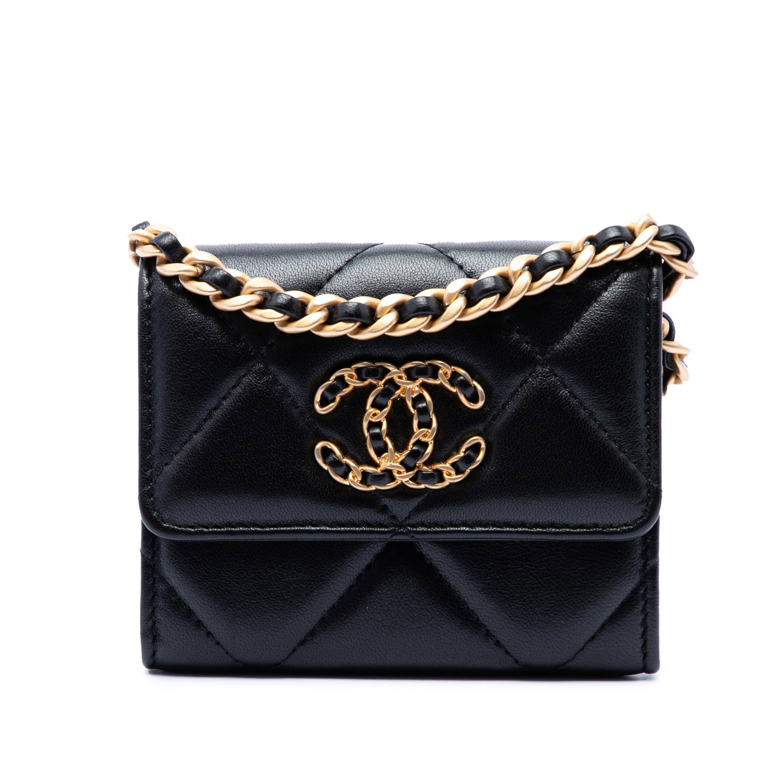 Chanel 19 Flap Coin Purse With Chain Quilted Lambskin Black: Chanel 19 Flap Coin Purse With Chain Quilted Lambskin Black Quilted lambskin flap coin purse with chain featuring a leather-woven chain link strap, leather shoulder guard, and snap button closure. Inc