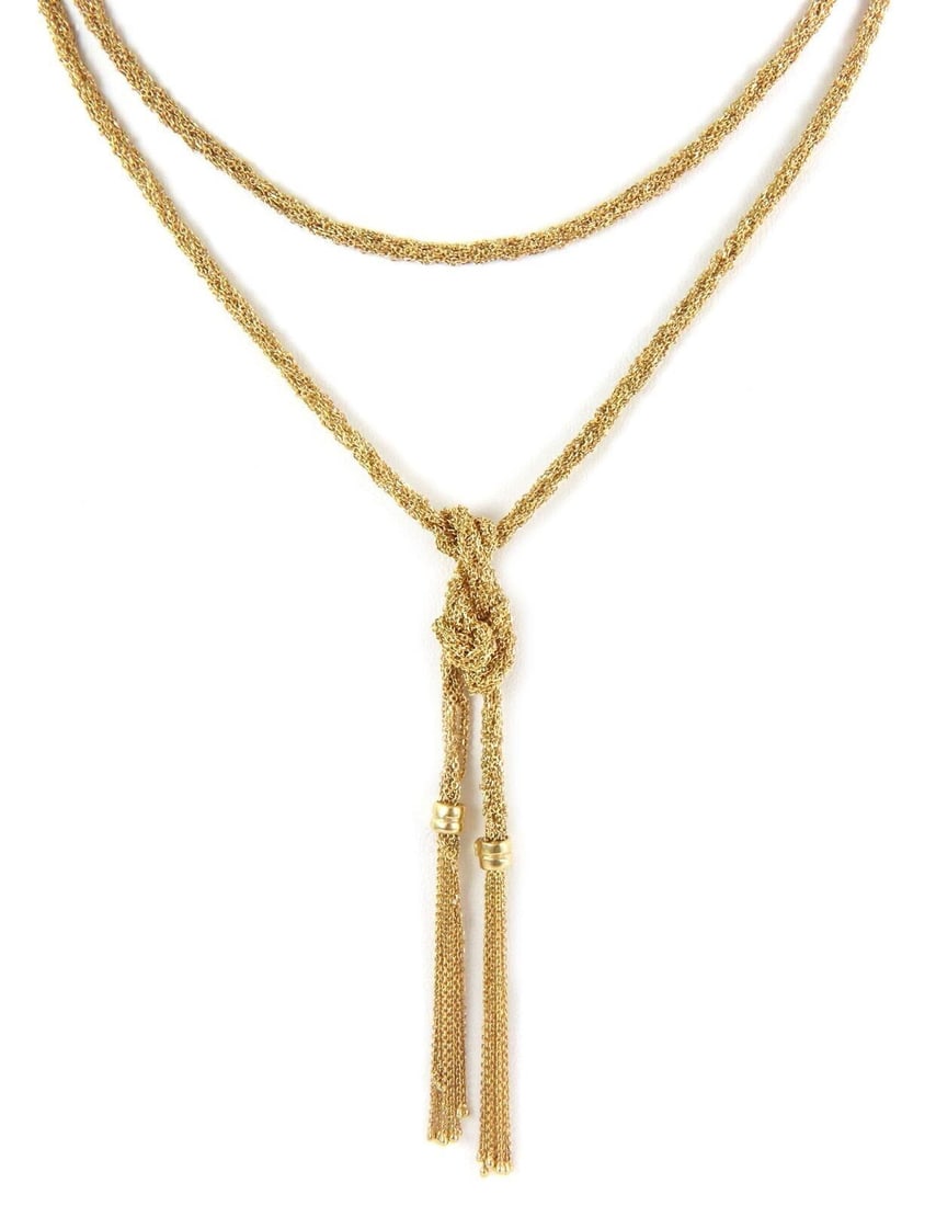 Vintage 18k Yellow Gold Multi Chain Lariat Necklace with Tassel 46": Vintage 18k Yellow Gold Multi Chain Lariat Necklace with Tassel 46" Vintage estate multi-chain tassel lariat necklace crafted in solid 18k yellow gold. This long necklace features a finely woven multi