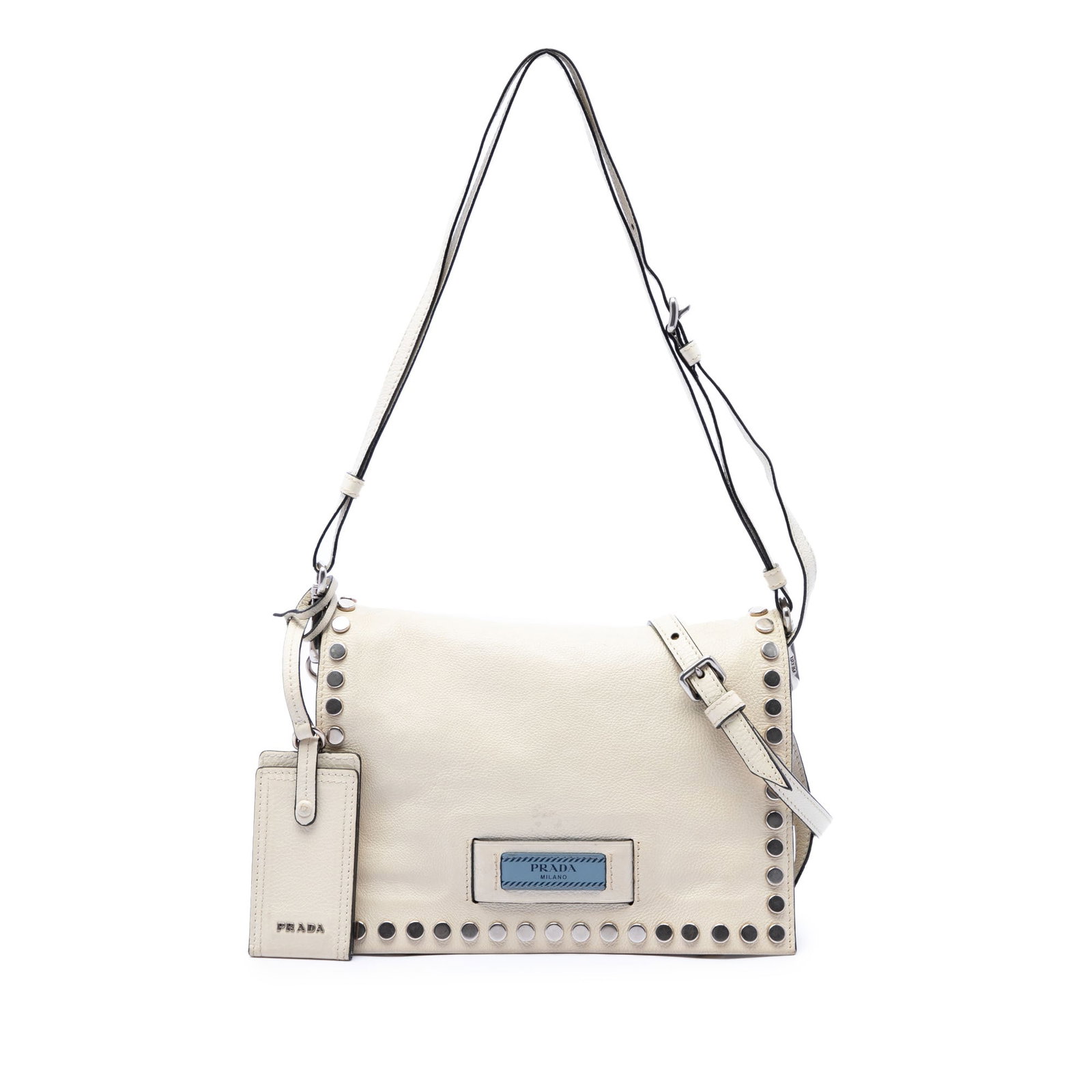Prada Etiquette Flap Studded Glace Calfskin Leather Shoulder Bag: Prada Etiquette Flap Studded Glace Calfskin Leather Shoulder Bag This Prada Etiquette flap bag is crafted in white glace calfskin leather with studded detailing. It features adjustable and detachable 
