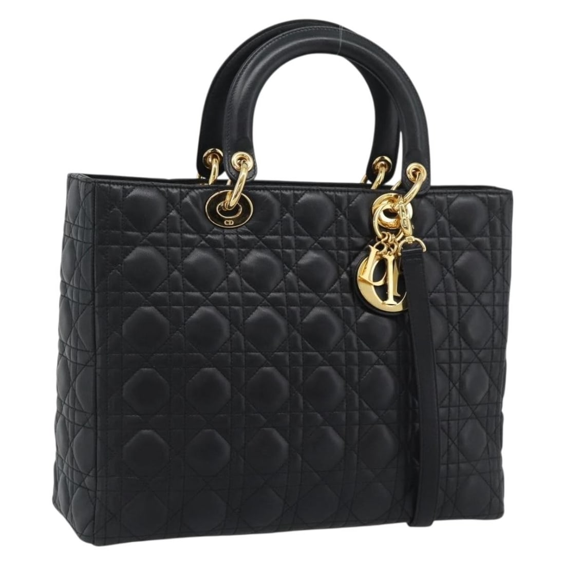 Christian Dior Lady Dior Cannage 2 Way Lamb Skin Handbag Black Gold: Christian Dior Lady Dior Cannage 2 Way Lamb Skin Handbag Black Gold Christian Dior Lady Dior Cannage 2-way handbag in black lamb skin with gold-tone accents. This women's bag includes a top handle and