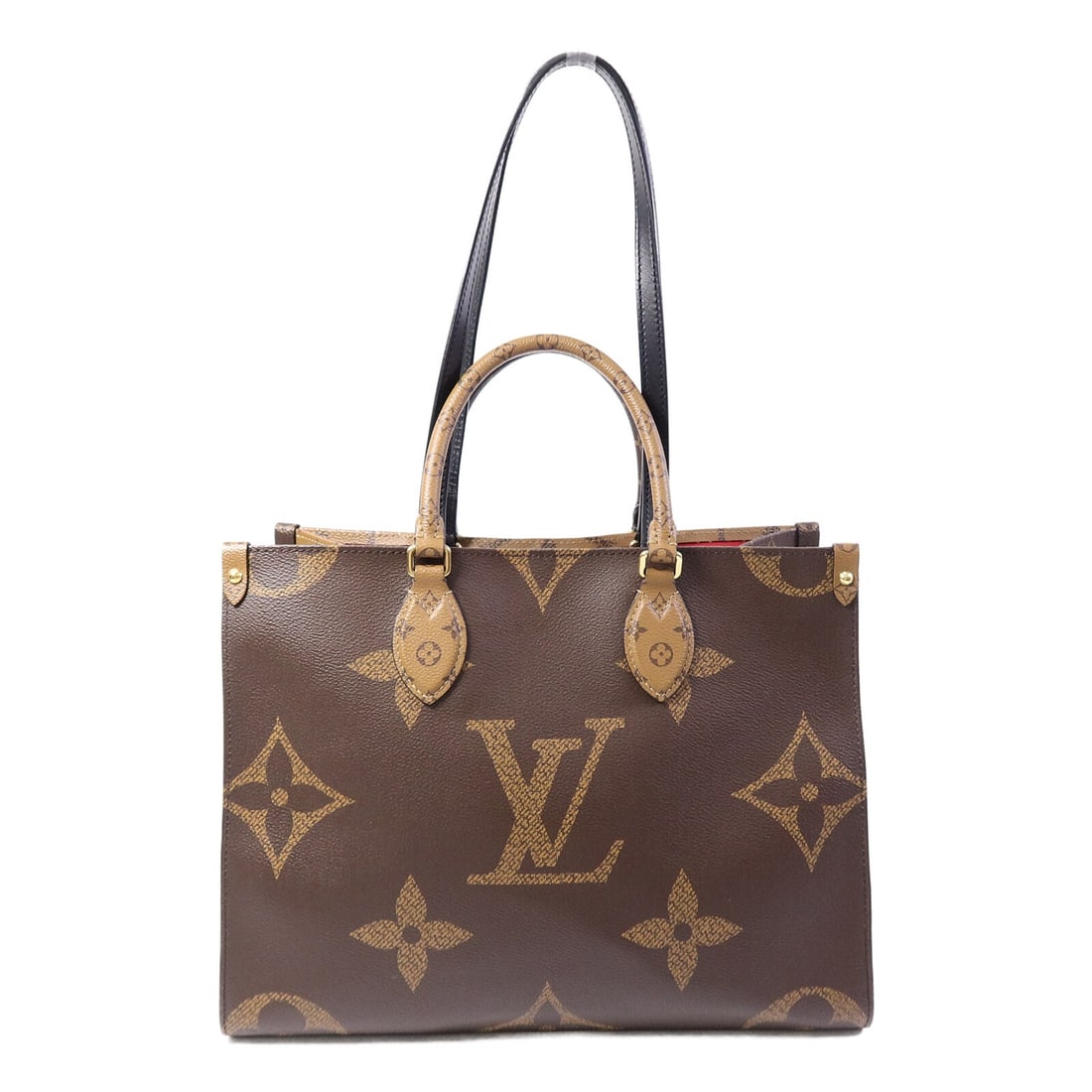 Louis Vuitton On The Go MM Monogram Giant Tote M45321 Brown: Louis Vuitton On The Go MM Monogram Giant Tote M45321 Brown Louis Vuitton On The Go MM tote bag, model M45321, in brown Monogram Giant and PVC coated canvas. It features two open interior pockets and 