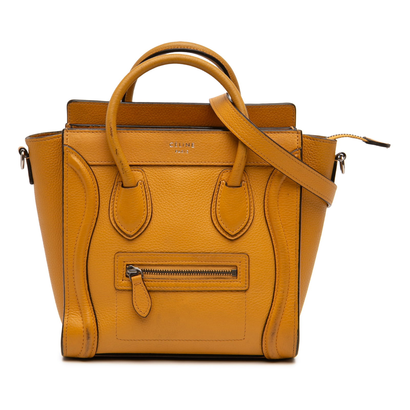 Celine Nano Luggage Tote Yellow Leather Crossbody Bag: Celine Nano Luggage Tote Yellow Leather Crossbody Bag This Celine Nano Leather Luggage Tote features a yellow leather body with rolled leather handles and a detachable flat leather strap. The design i