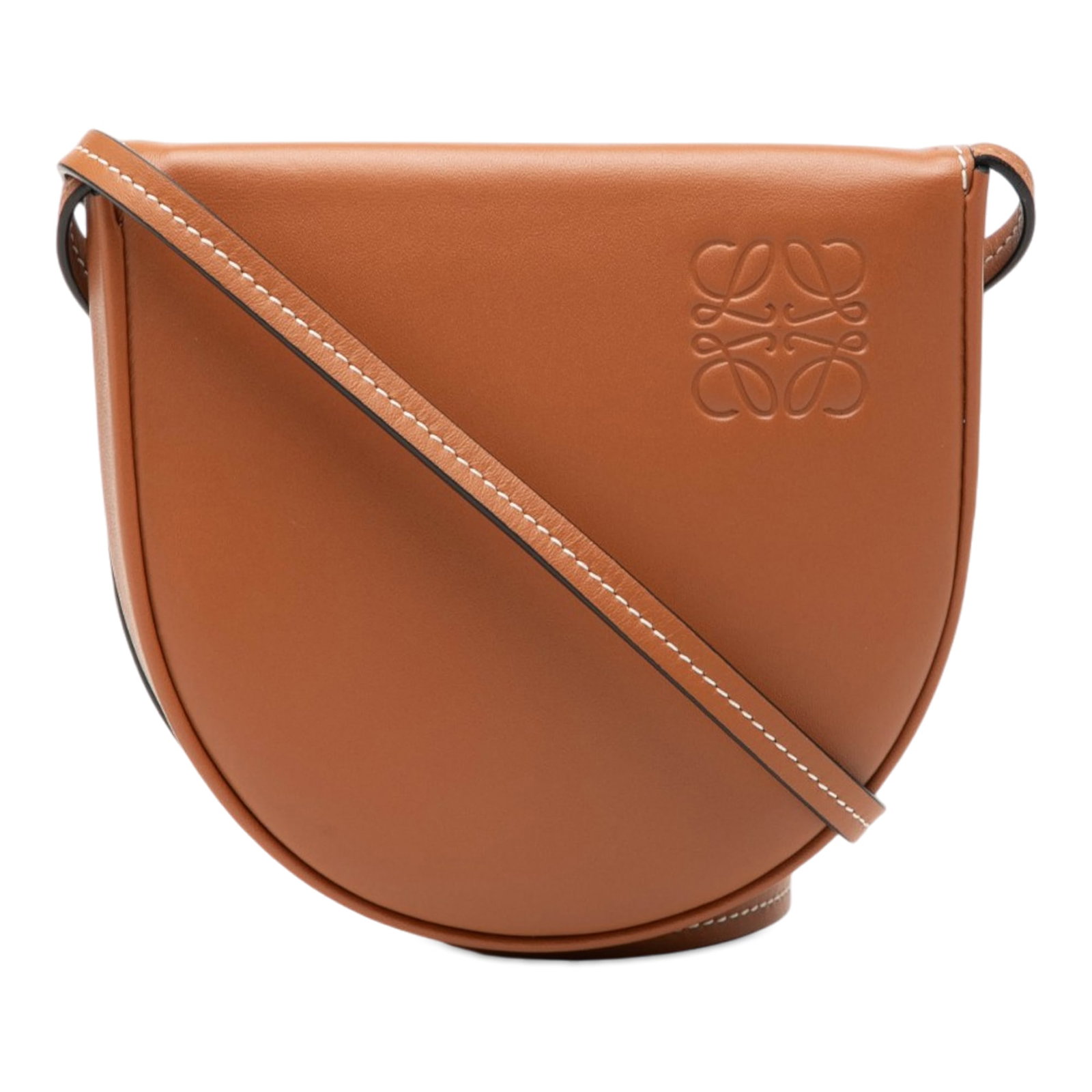 LOEWE Heel Pouch Mini Soft Calfskin Crossbody Bag: LOEWE Heel Pouch Mini Soft Calfskin Crossbody Bag LOEWE Mini Soft Calfskin Heel Pouch crossbody bag in brown leather. This compact design features a flat leather shoulder strap, flap closure, and inte