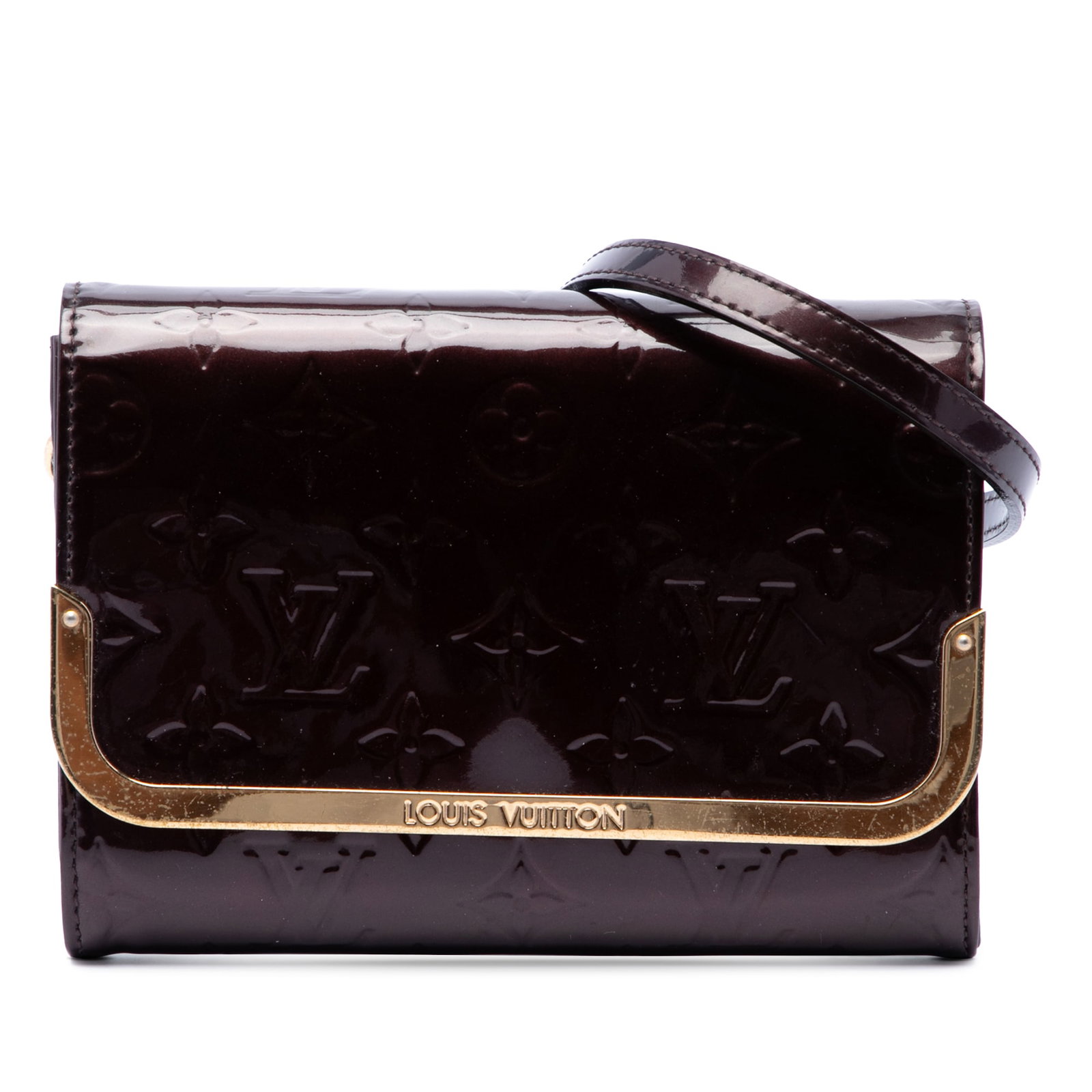 Louis Vuitton Rossmore PM Monogram Vernis Leather Clutch Purple: Louis Vuitton Rossmore PM Monogram Vernis Leather Clutch Purple Louis Vuitton Rossmore PM in Monogram Vernis leather with a front flap silhouette and flat leather strap. The bag includes an exterior b