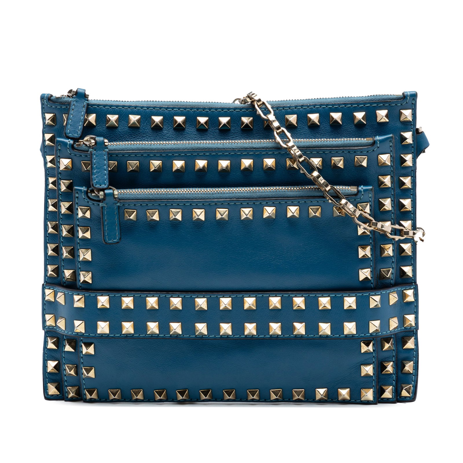 Valentino Rockstud Triple Zip Leather Crossbody Bag Blue: Valentino Rockstud Triple Zip Leather Crossbody Bag Blue Valentino Leather Rockstud Triple Zip Crossbody in blue leather with signature stud detailing. This crossbody bag features a chain link shoulde