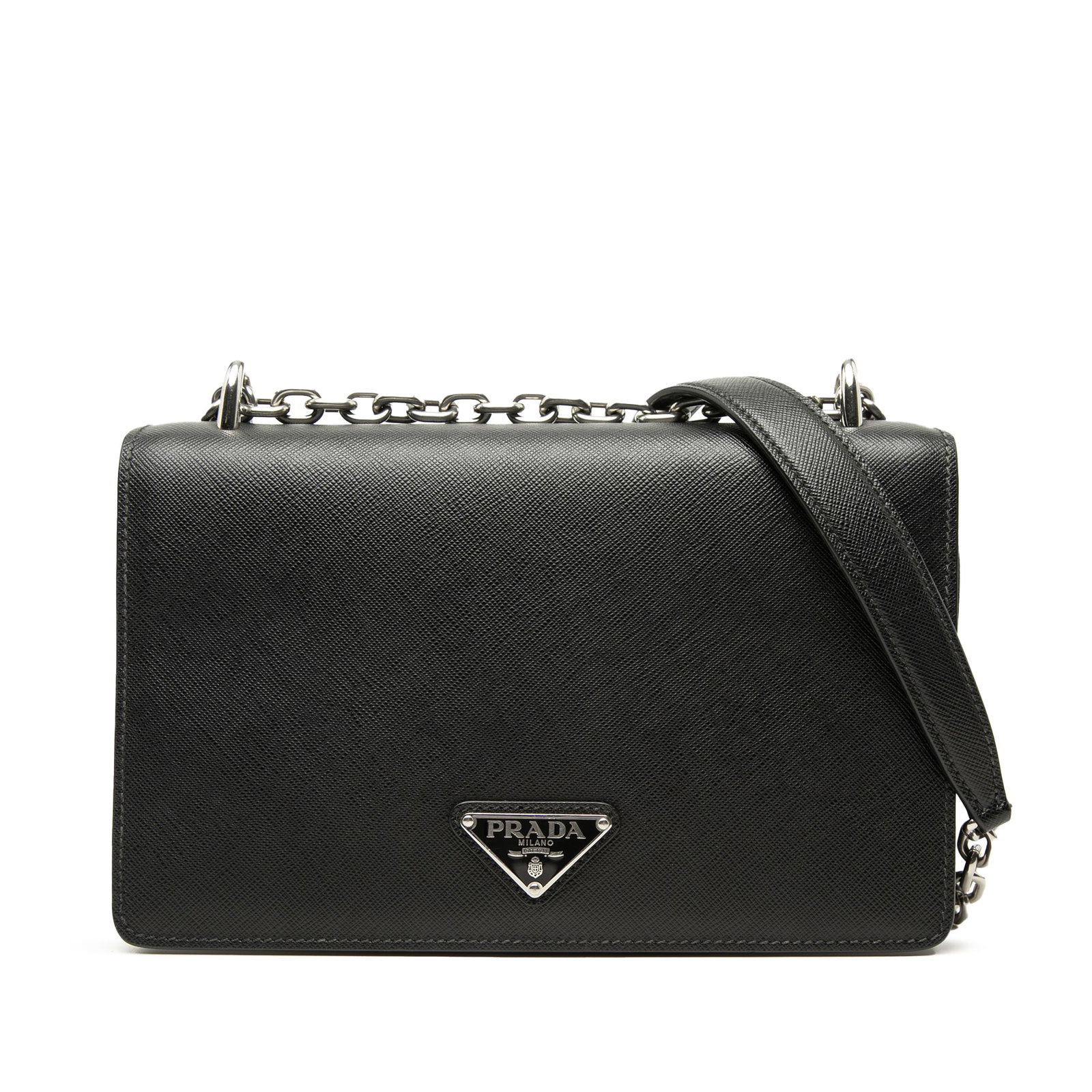 Prada black chain crossbody bag in saffiano nylon: Prada black chain crossbody bag in saffiano nylon Prada Saffiano and Tessuto chain crossbody bag in black with a saffiano and nylon body, silver-tone curb chain link shoulder strap with leather guard,