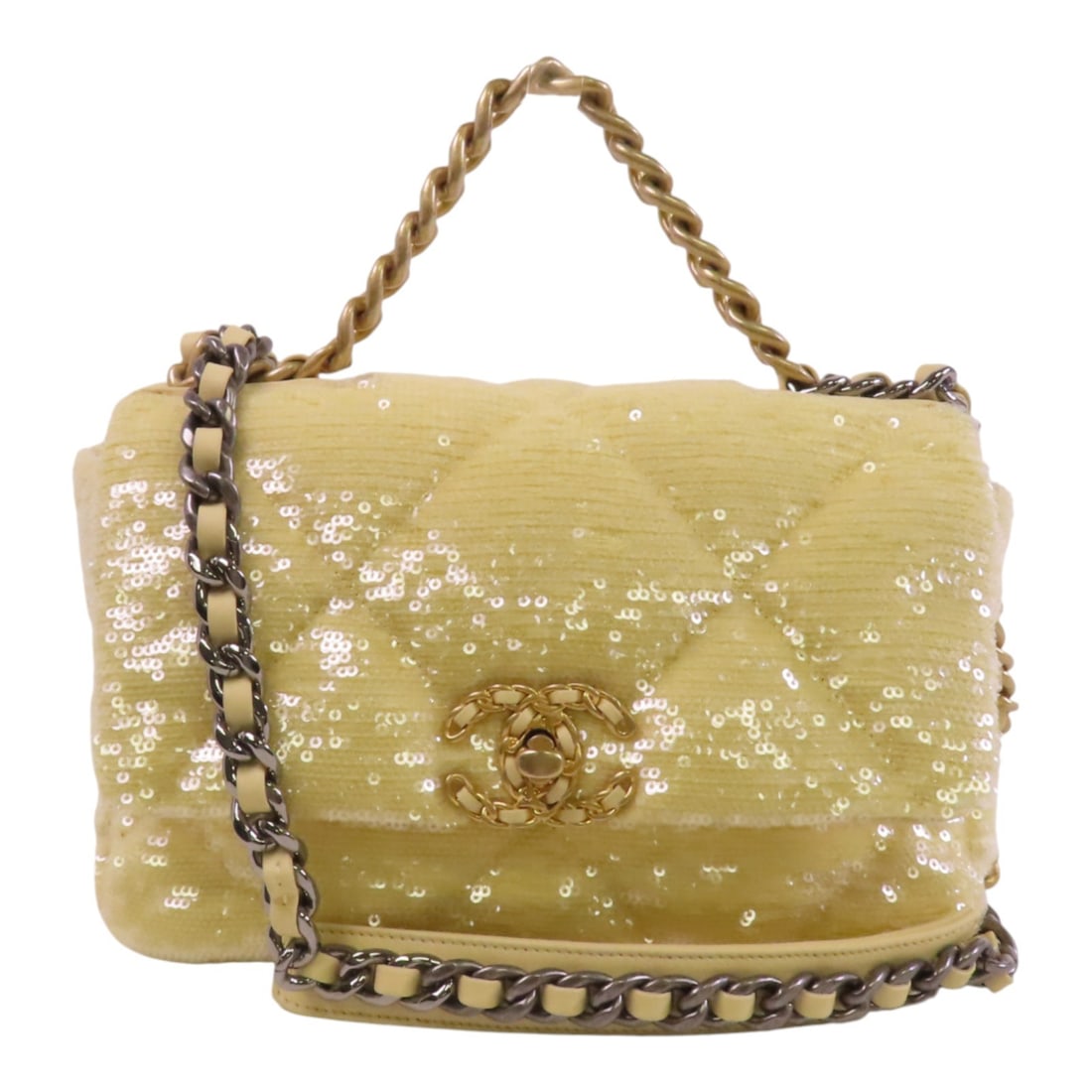 CHANEL Chanel 19 2way Shoulder Bag Yellow Canvas Sequins: CHANEL Chanel 19 2way Shoulder Bag Yellow Canvas Sequins CHANEL 19 sequin flag bag in yellow canvas with sequins, designed as a 2-way shoulder bag for women. It features a flap closure, one outside op