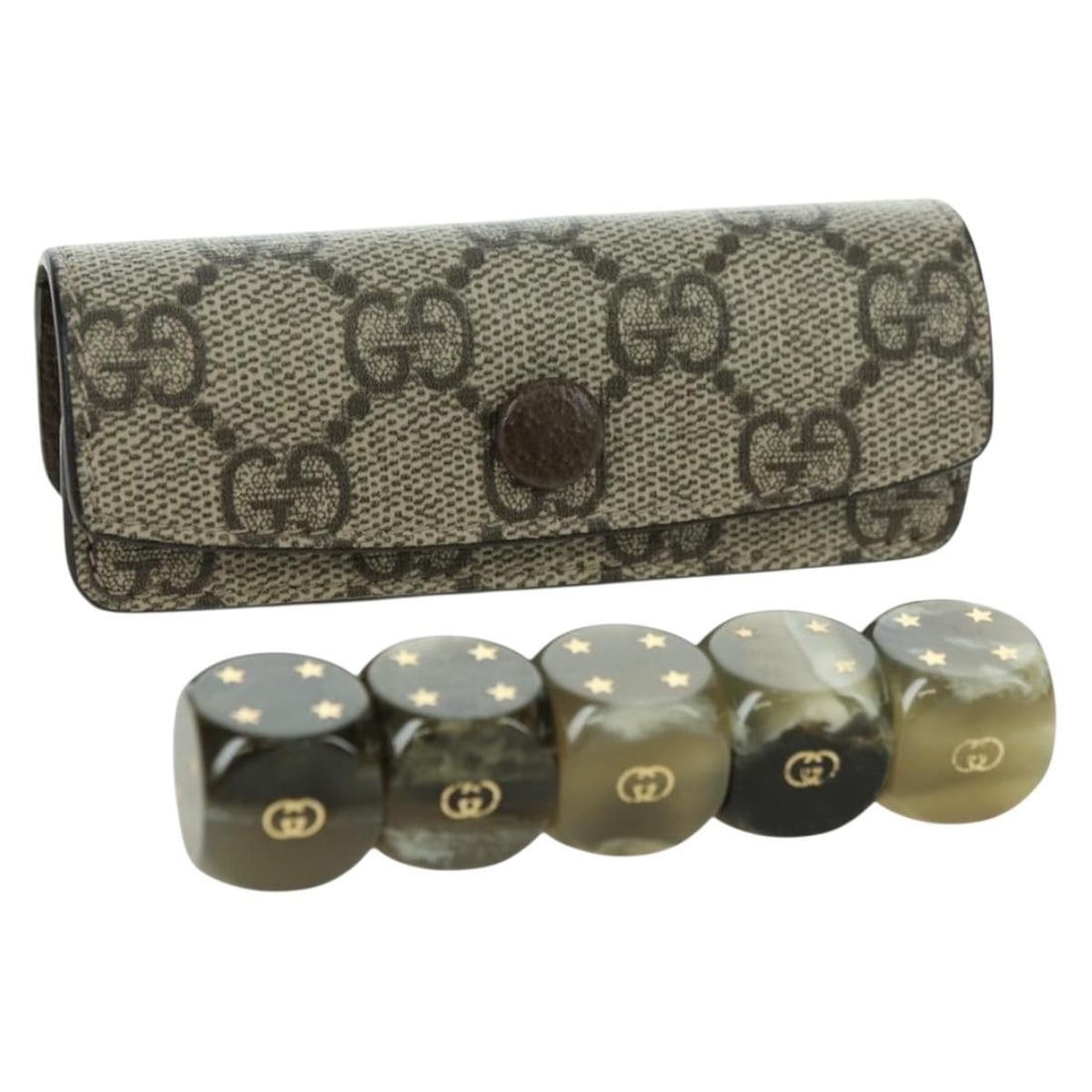 GUCCI Domino Dice Case GG Supreme Beige PVC Leather 662292: GUCCI Domino Dice Case GG Supreme Beige PVC Leather 662292 Gucci GG Supreme Dice Case in beige, styled as Domino. Made in Italy, this case is crafted from PVC leather with GG canvas and comes with a d