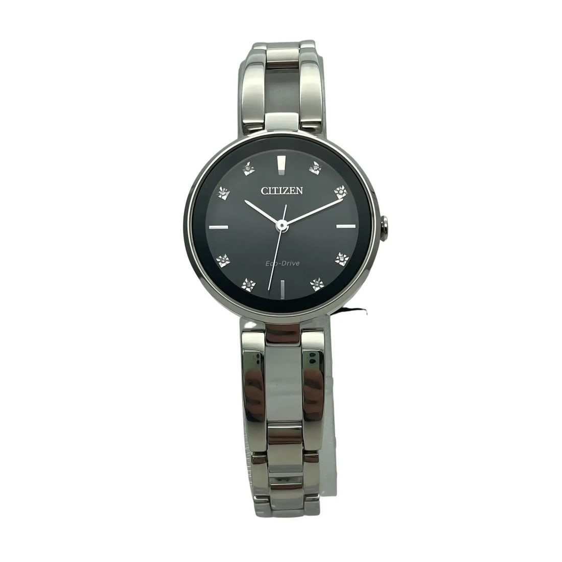 Citizen Axiom womens quartz watch black diamond dial steel bracelet EM0636-55F: Citizen Axiom womens quartz watch black diamond dial steel bracelet EM0636-55F Citizen Axiom ladies wristwatch with a black sunburst dial, diamond markers, and a diamond fixed bezel. It features a sta